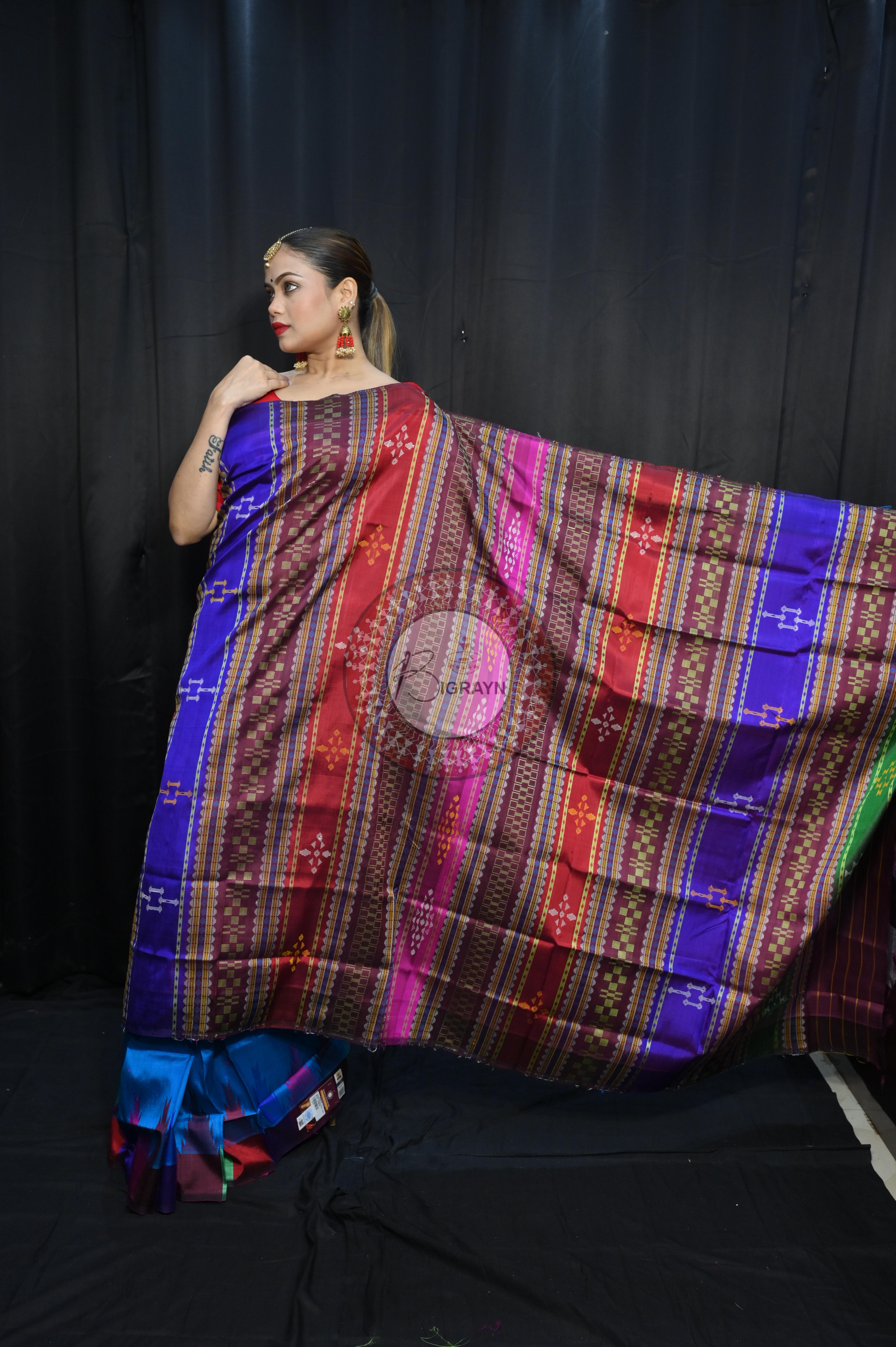 Teal Blue Multi Colour Border Double Anchal Berhampuri Silk Saree