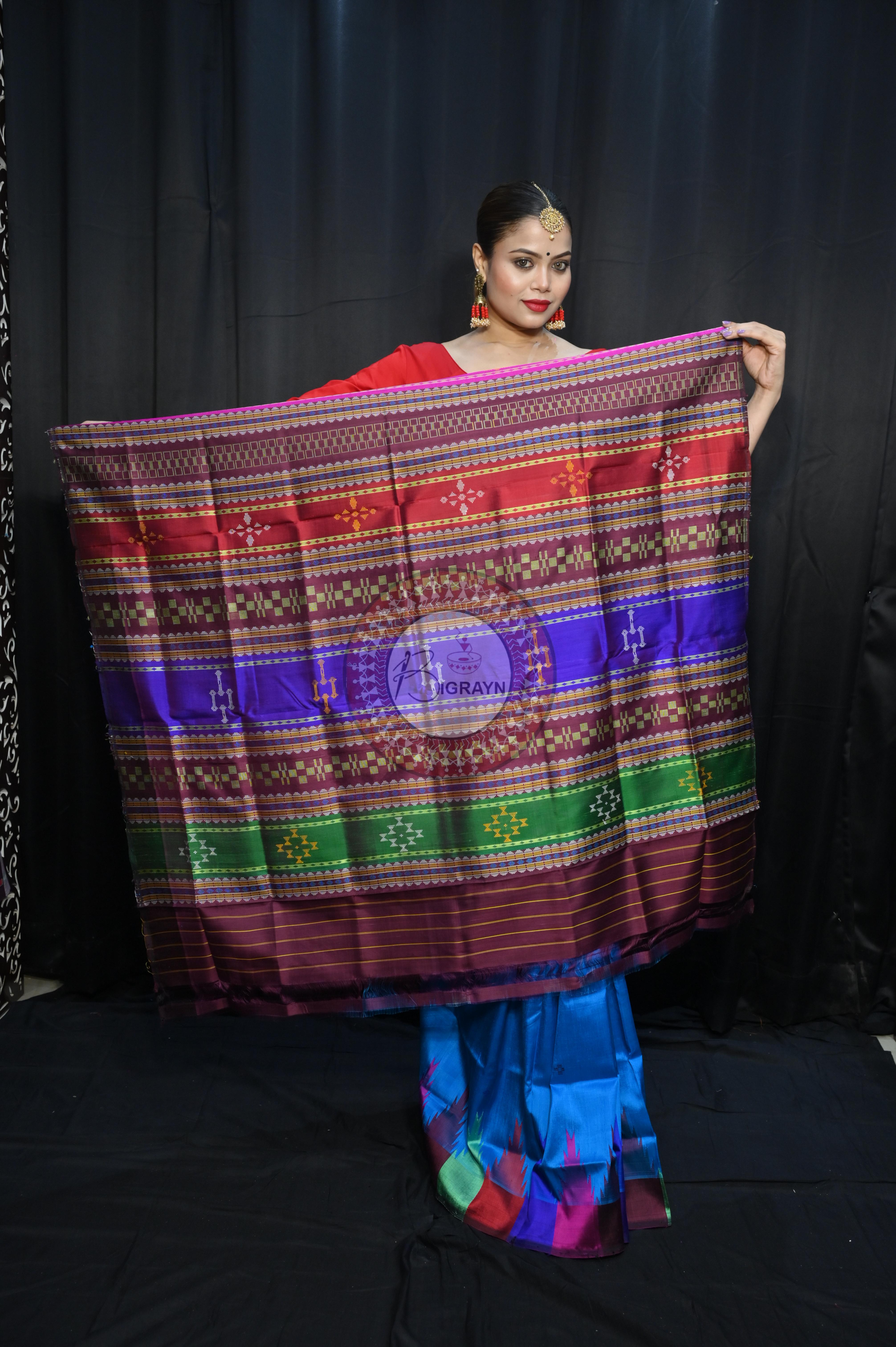 Teal Blue Multi Colour Border Double Anchal Berhampuri Silk Saree
