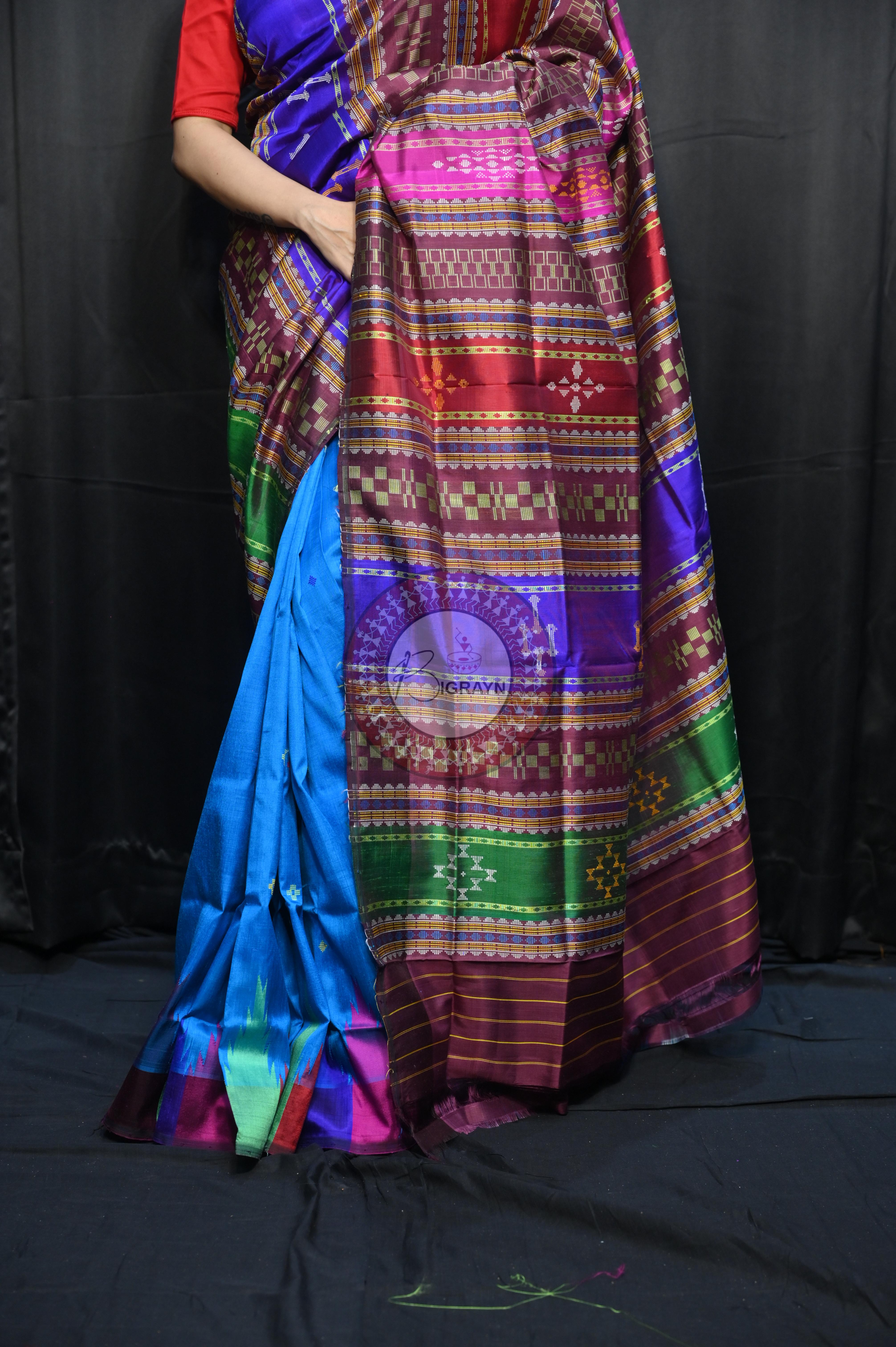 Teal Blue Multi Colour Border Double Anchal Berhampuri Silk Saree