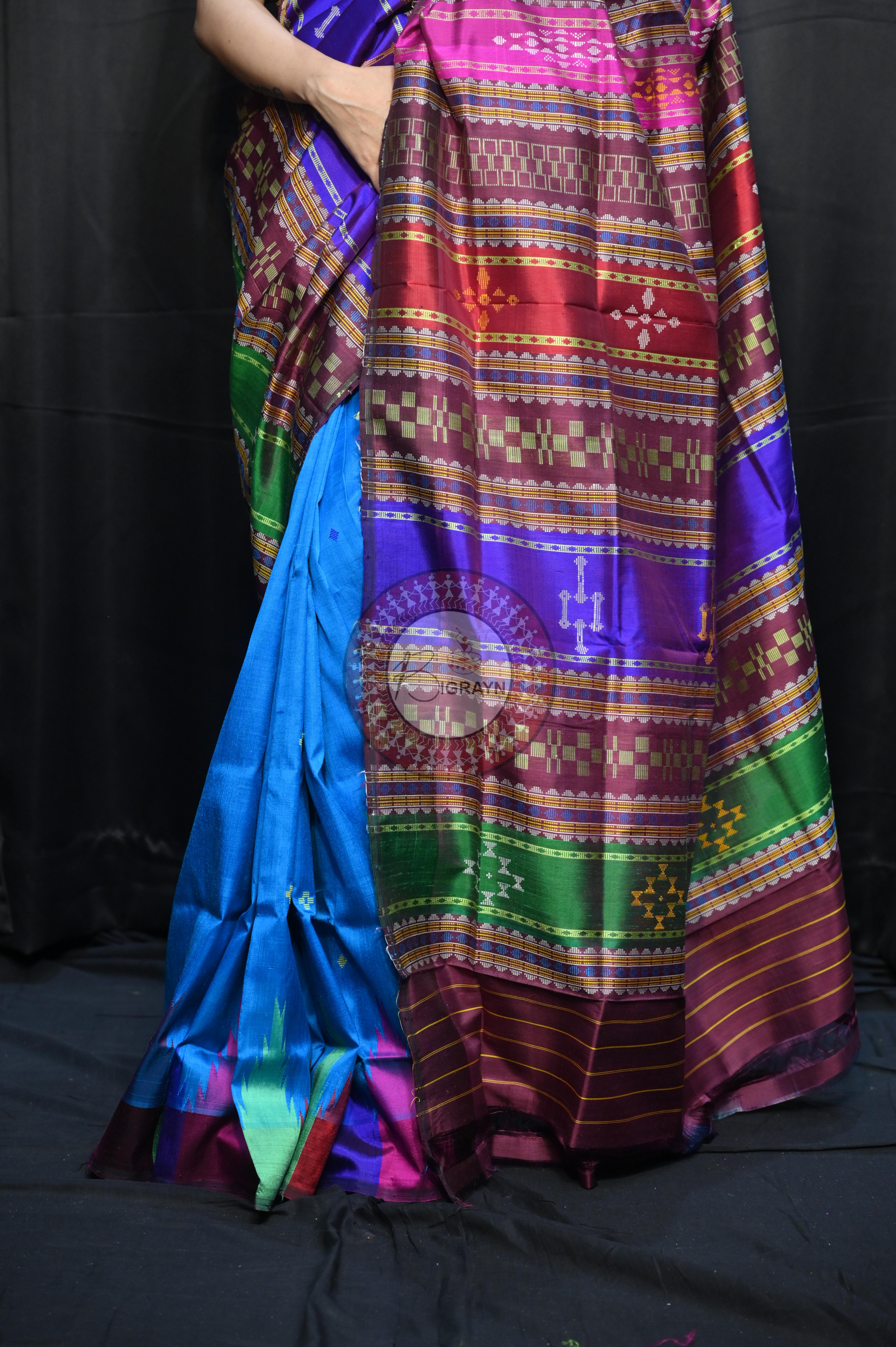 Teal Blue Multi Colour Border Double Anchal Berhampuri Silk Saree