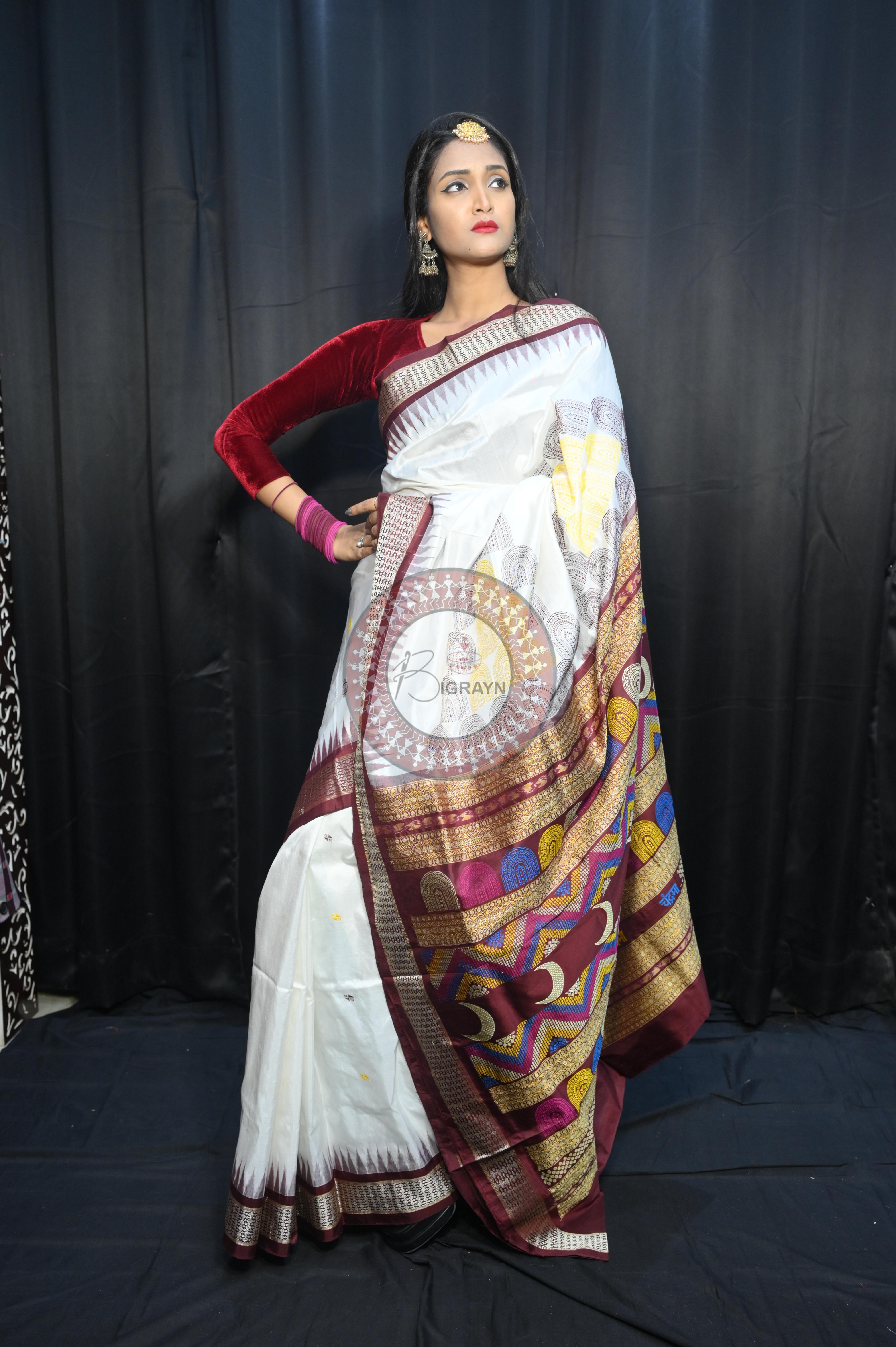 White Coffee Chandrama Exclusive Sambalpuri Silk Saree