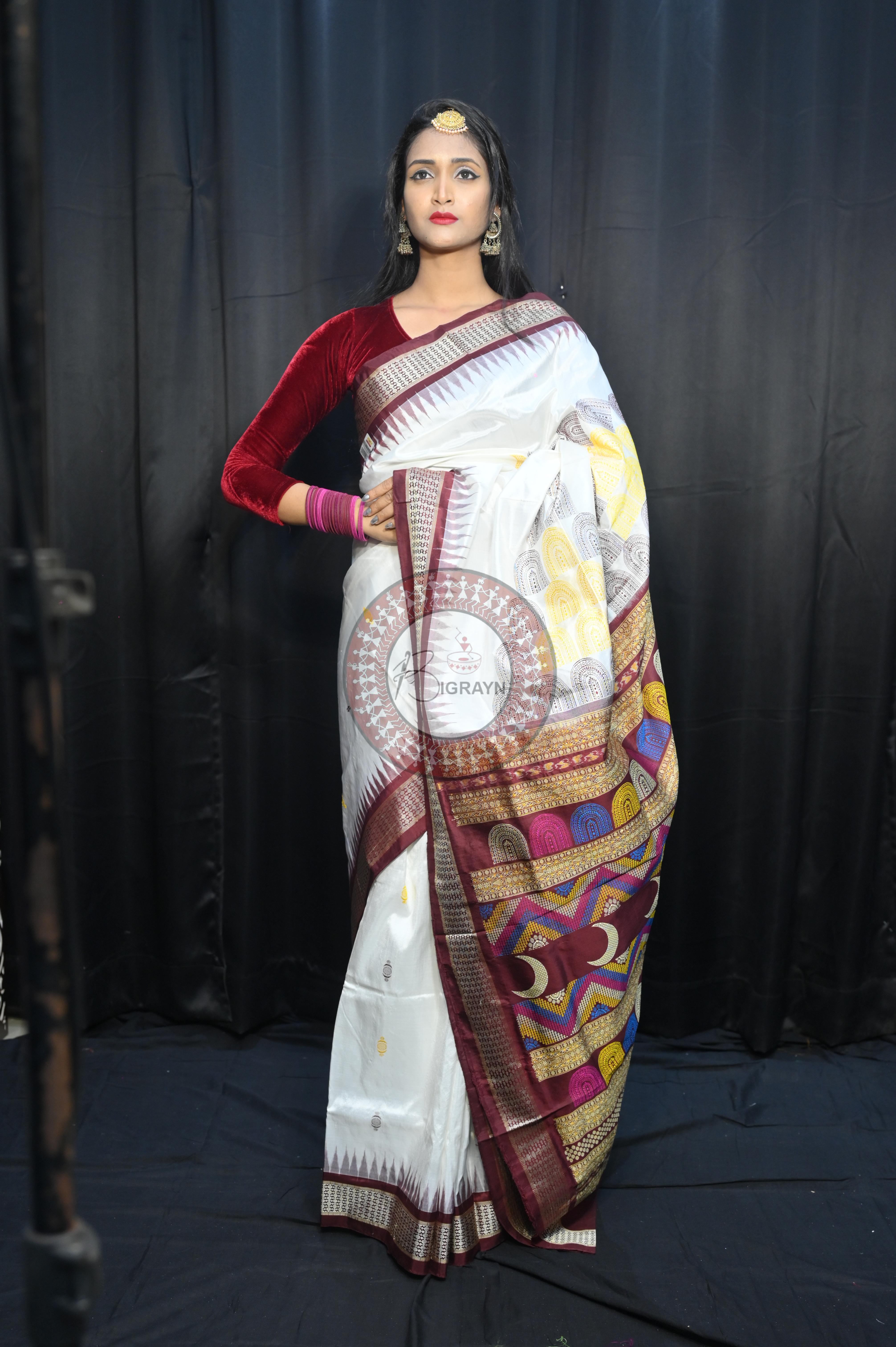 White Coffee Chandrama Exclusive Sambalpuri Silk Saree