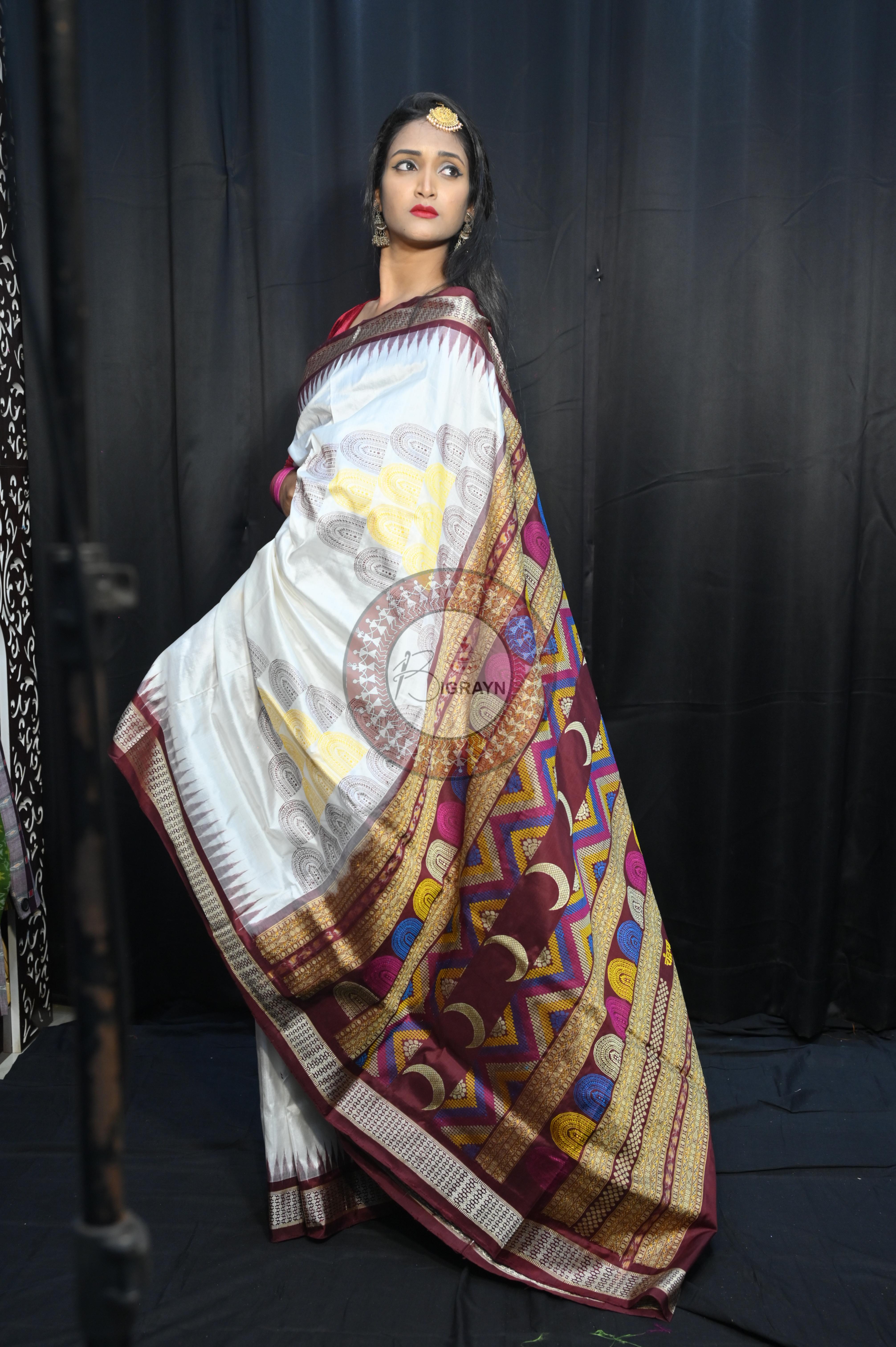 White Coffee Chandrama Exclusive Sambalpuri Silk Saree
