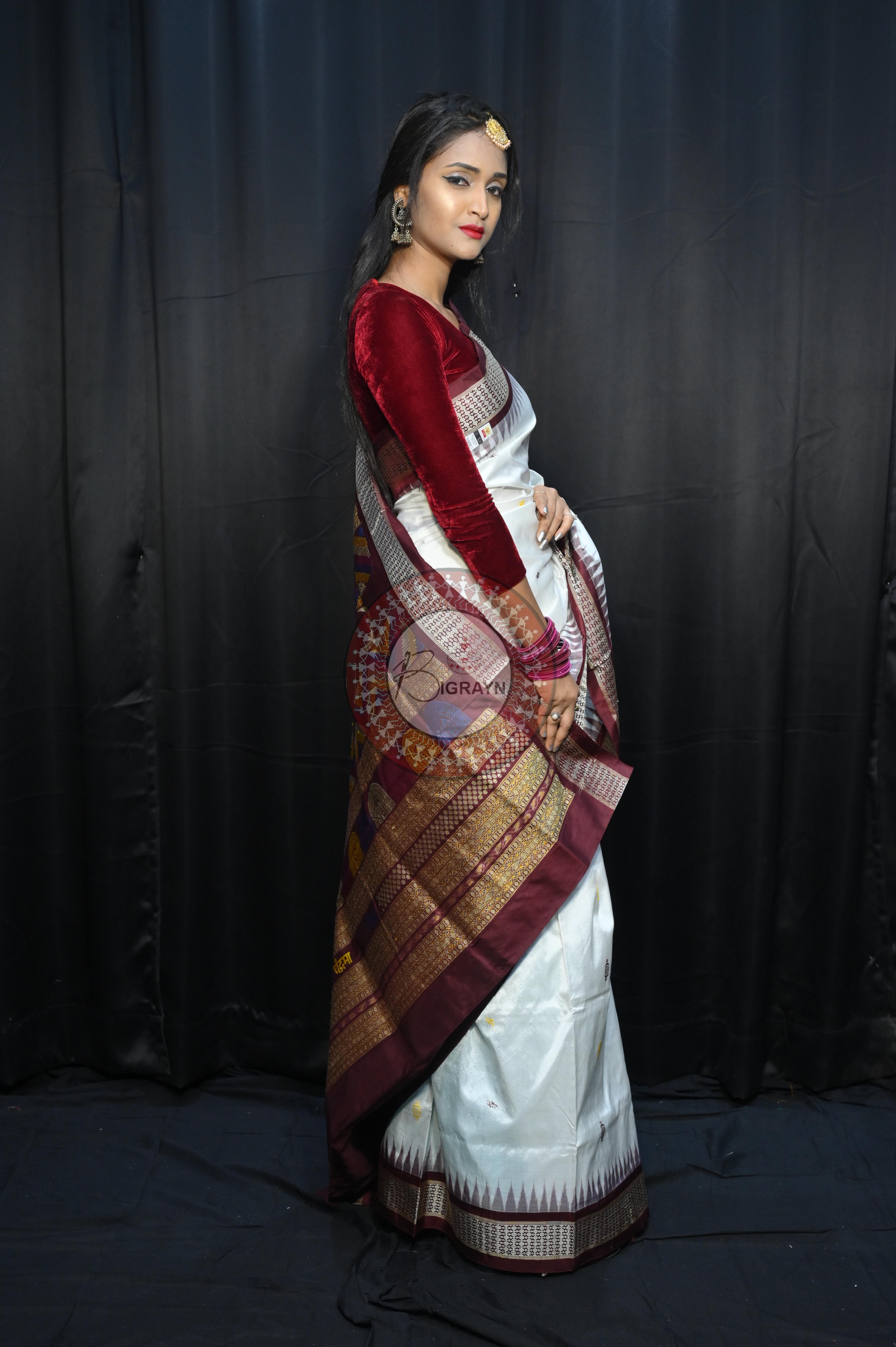 White Coffee Chandrama Exclusive Sambalpuri Silk Saree
