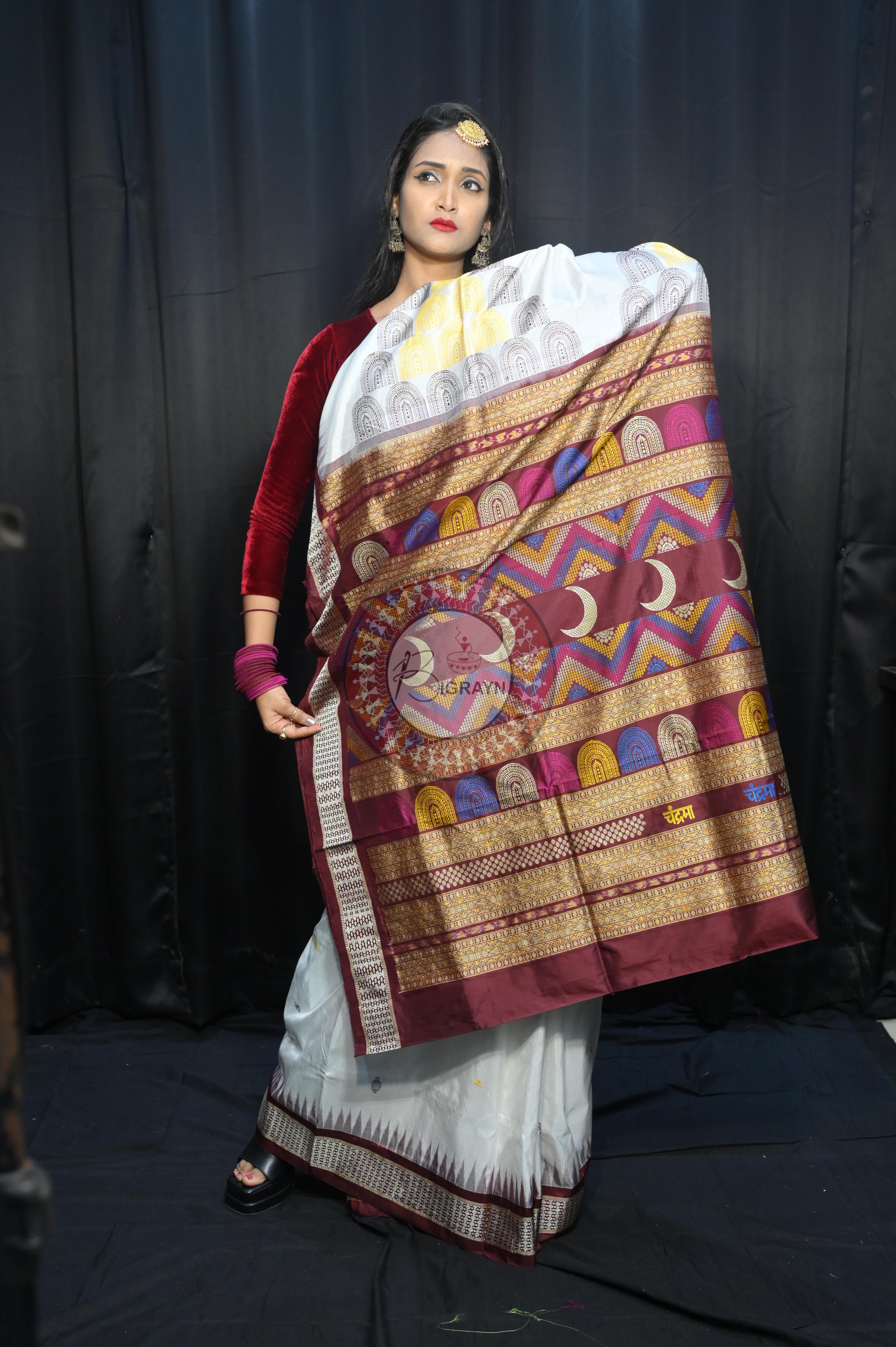 White Coffee Chandrama Exclusive Sambalpuri Silk Saree