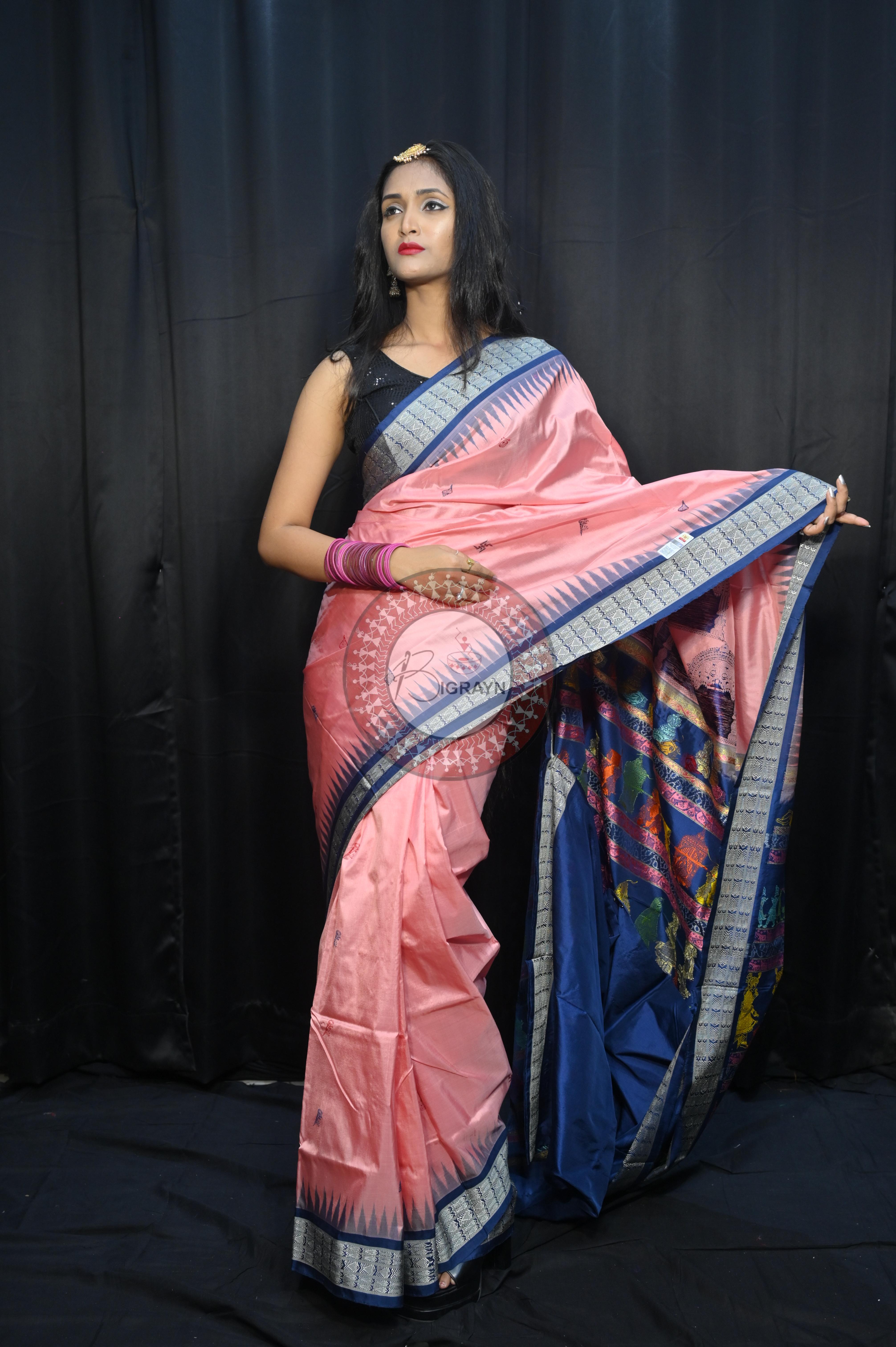 Peach Teal Blue Parinita(Marriage ) Exclusive Sambalpuri Silk Saree