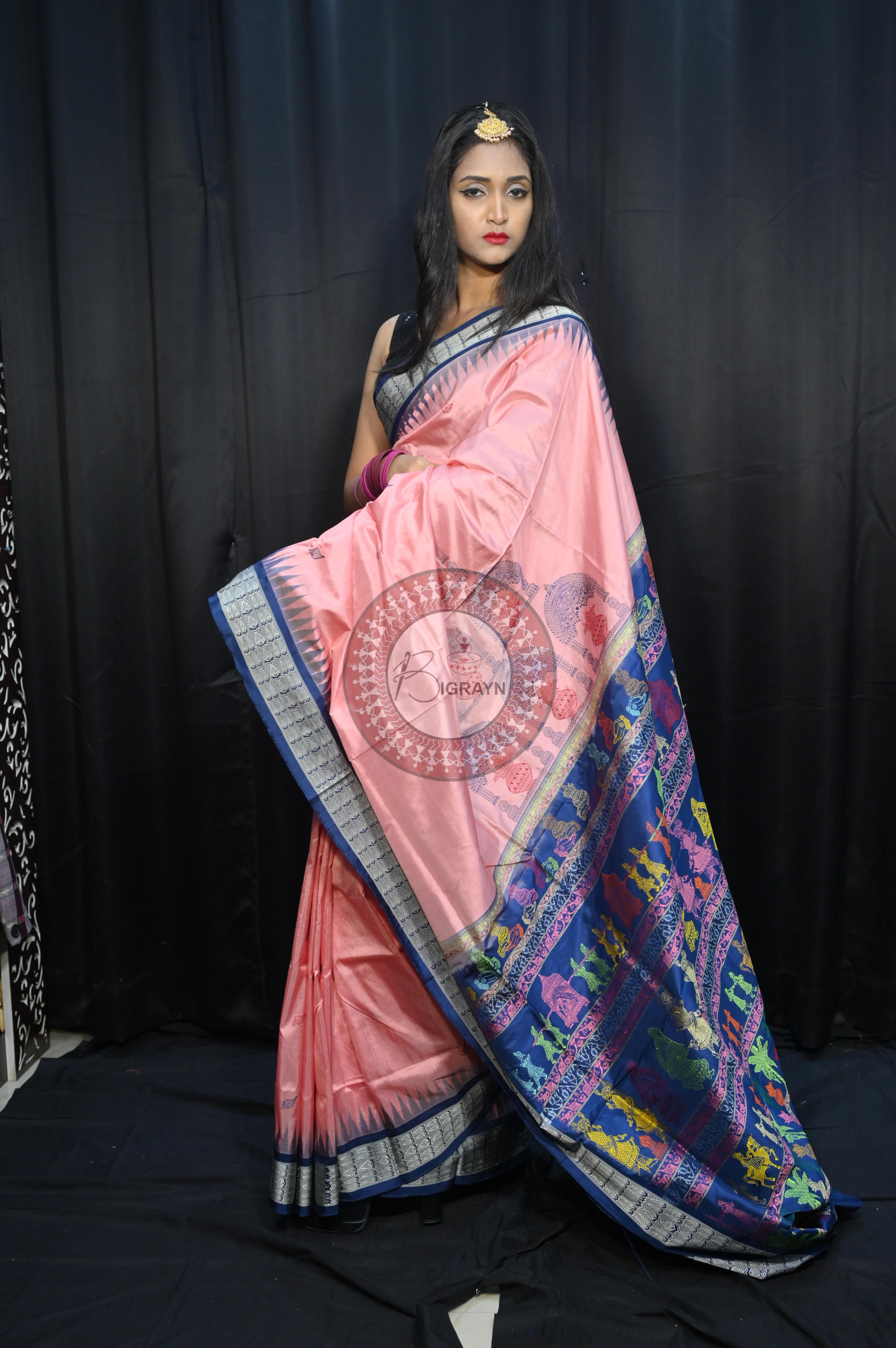 Peach Teal Blue Parinita(Marriage ) Exclusive Sambalpuri Silk Saree