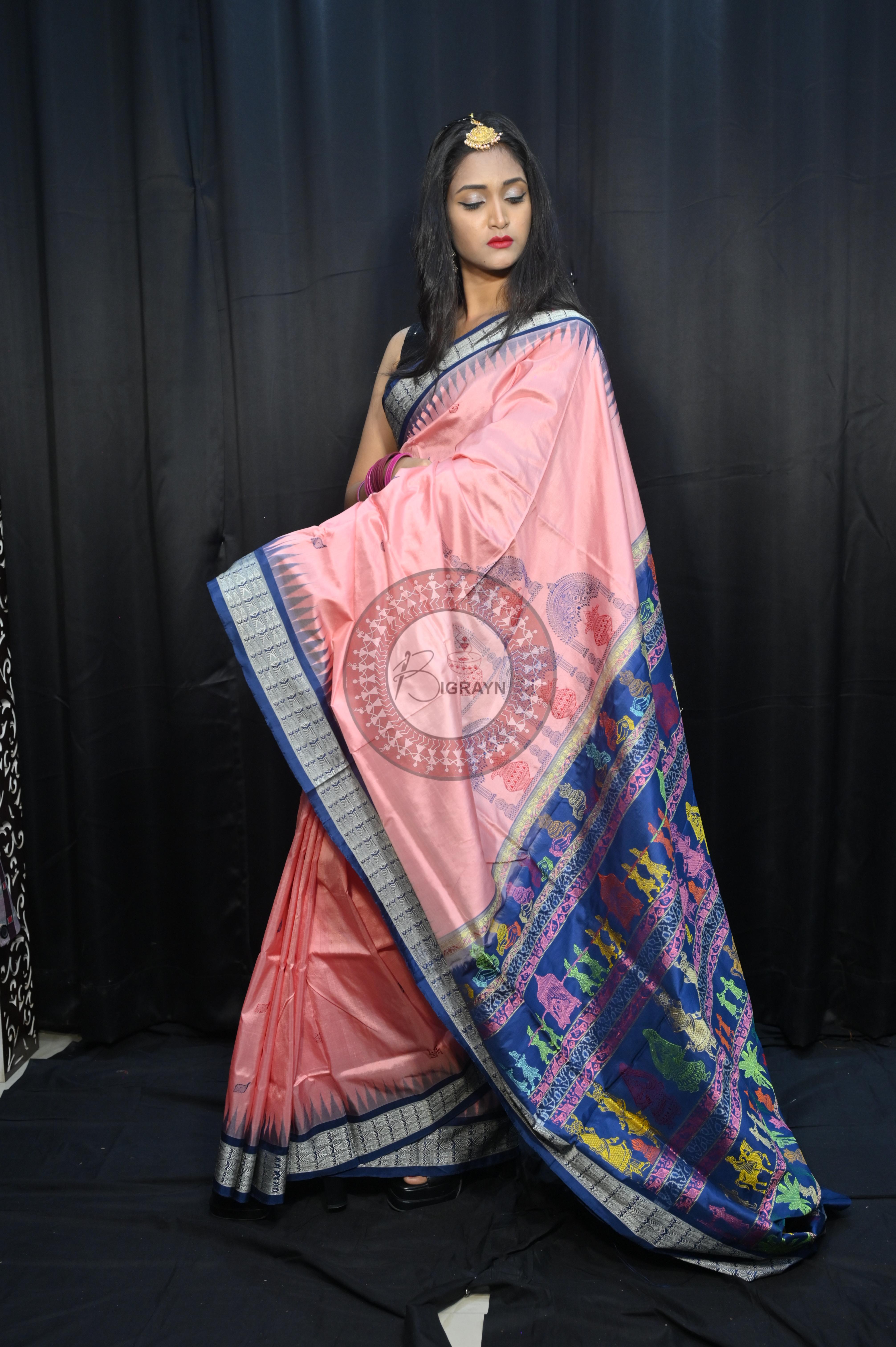 Peach Teal Blue Parinita(Marriage ) Exclusive Sambalpuri Silk Saree