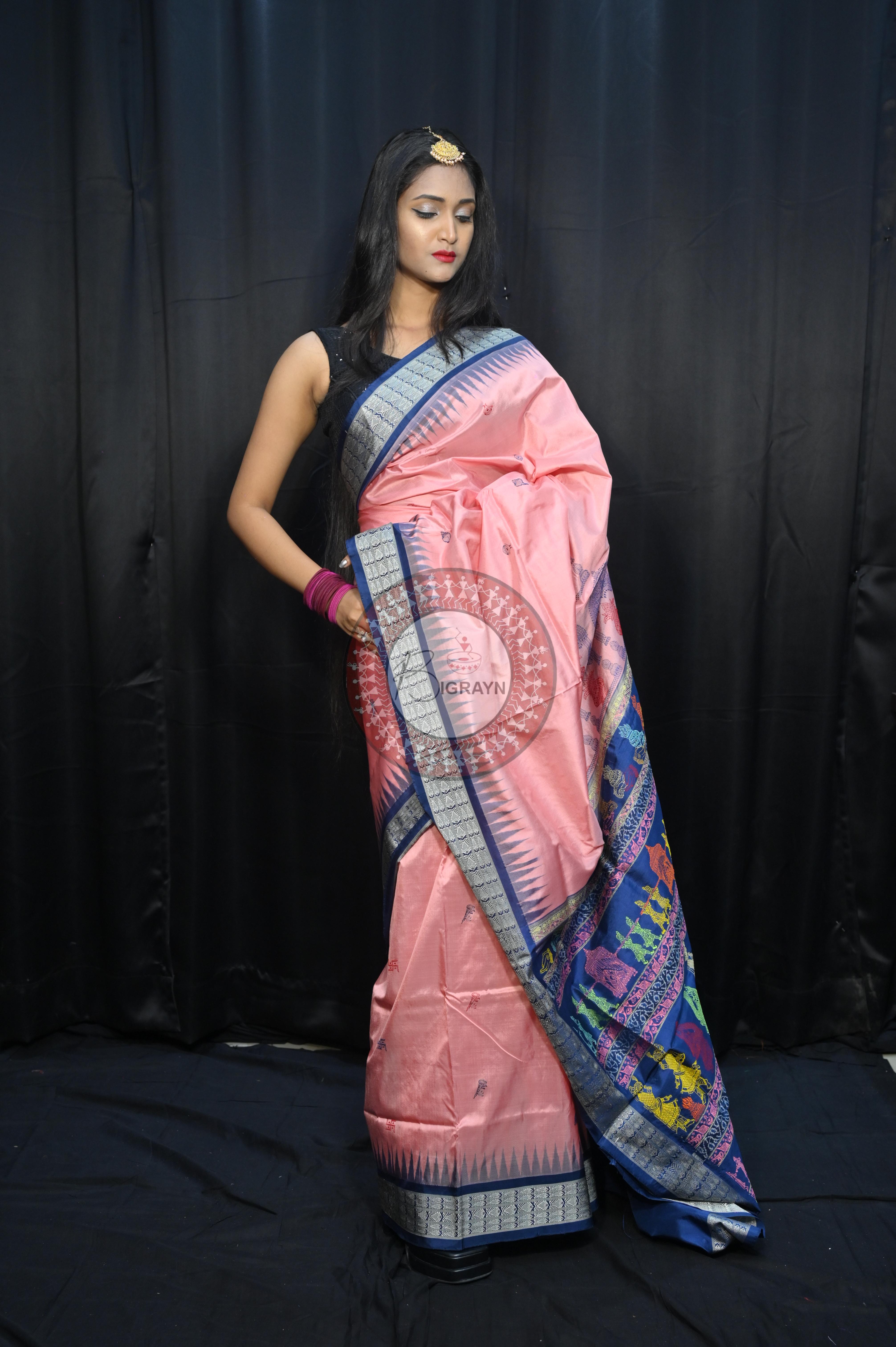 Peach Teal Blue Parinita(Marriage ) Exclusive Sambalpuri Silk Saree