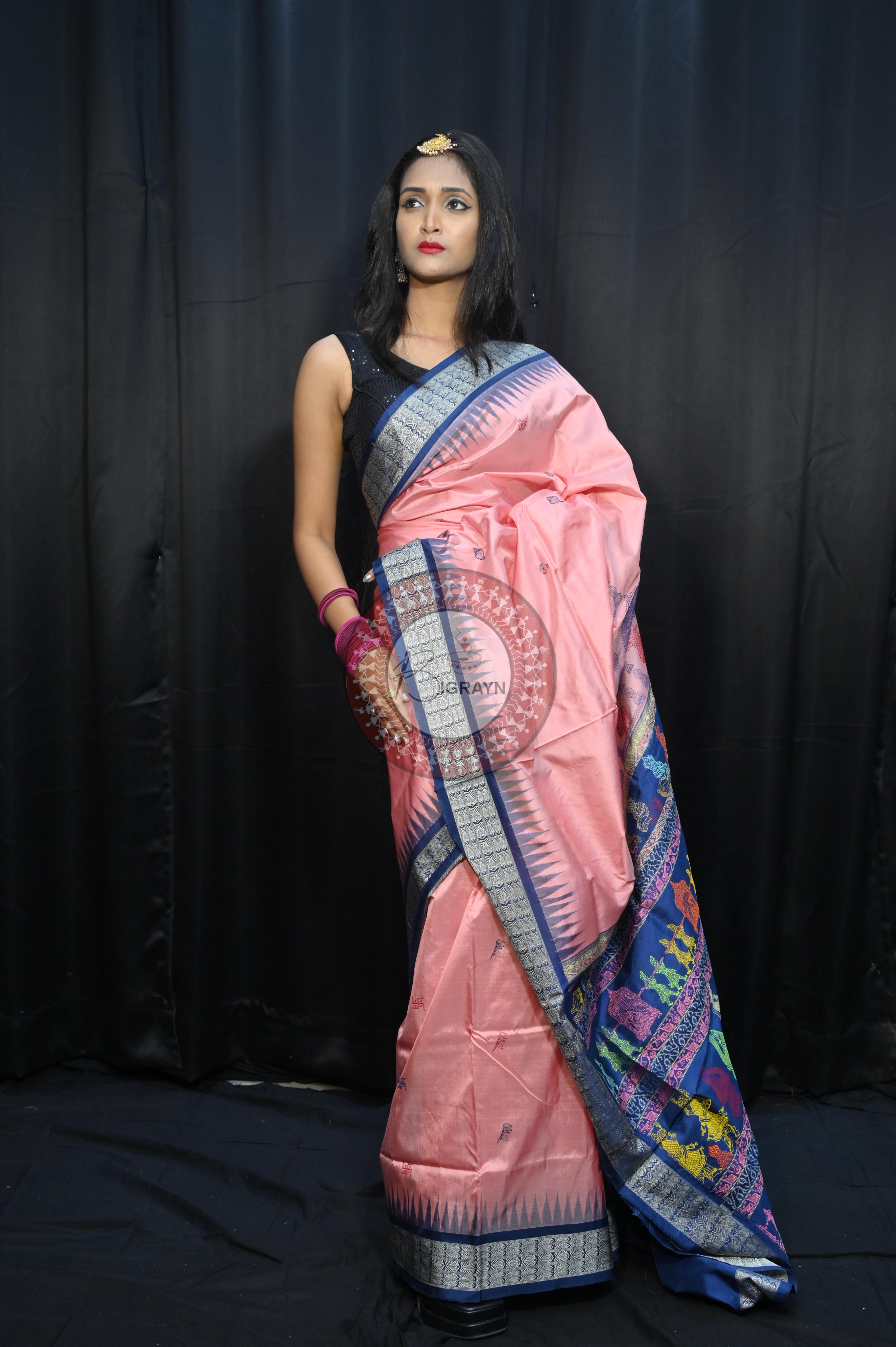 Peach Teal Blue Parinita(Marriage ) Exclusive Sambalpuri Silk Saree