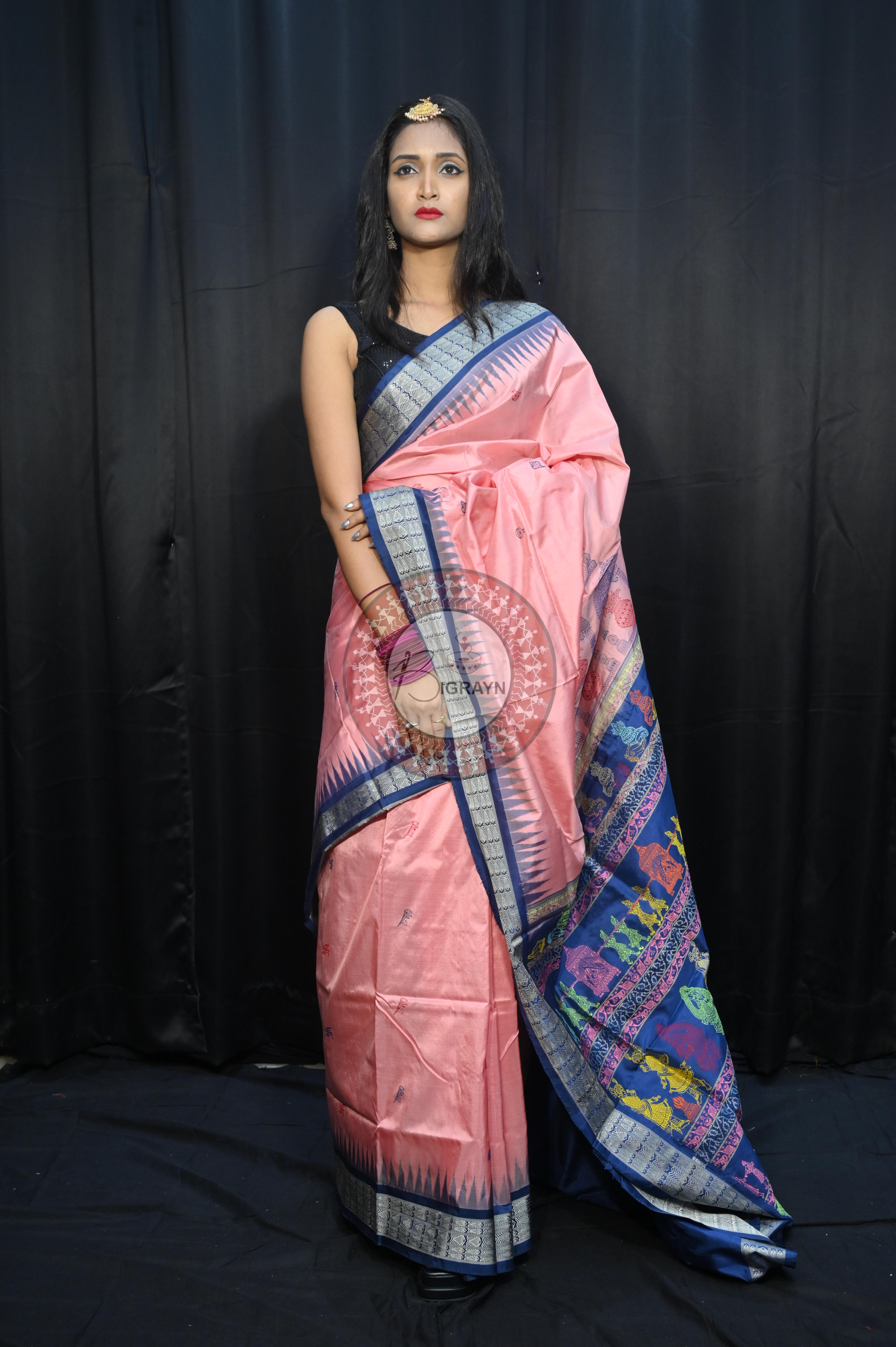 Peach Teal Blue Parinita(Marriage ) Exclusive Sambalpuri Silk Saree