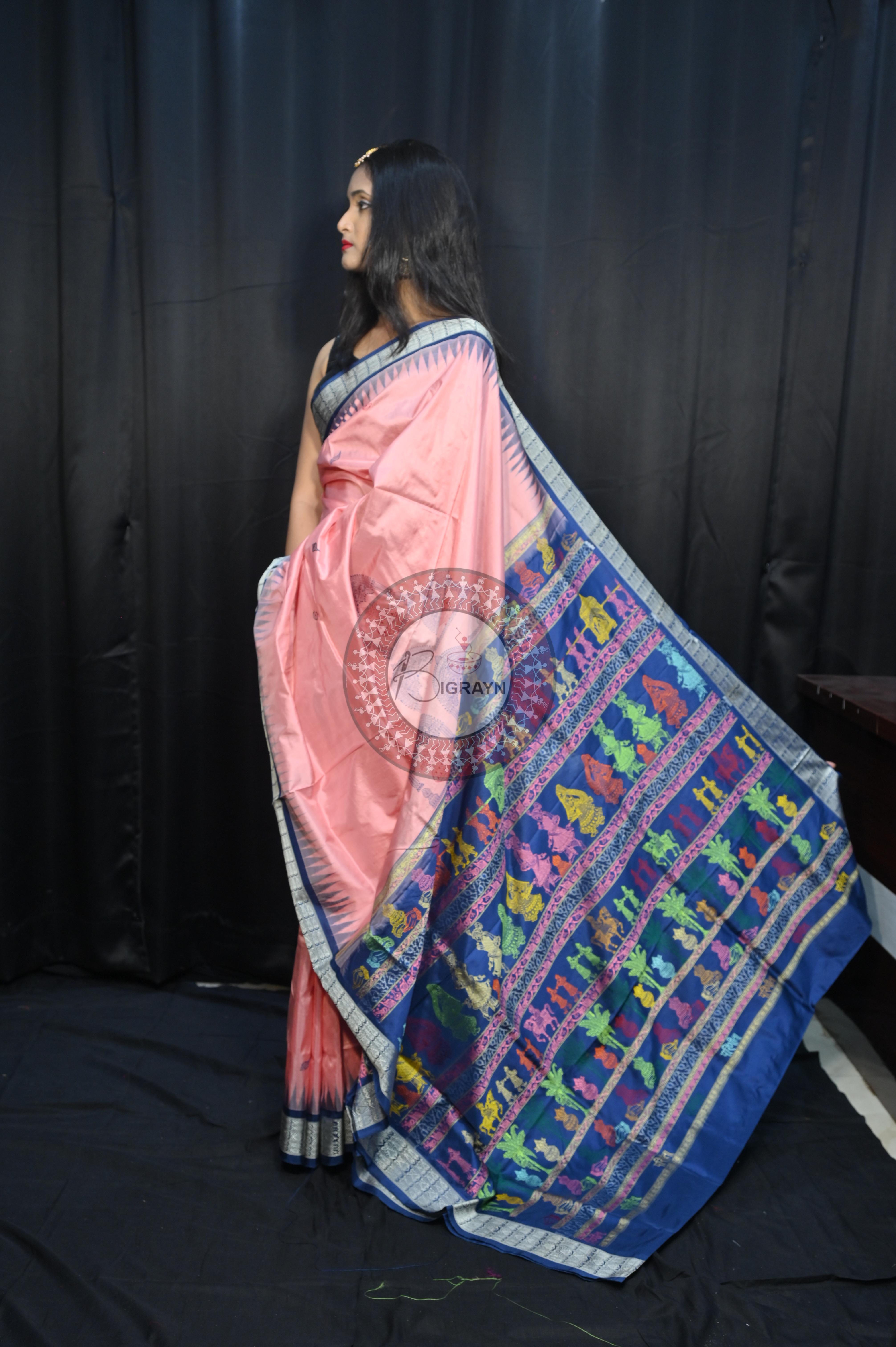 Peach Teal Blue Parinita(Marriage ) Exclusive Sambalpuri Silk Saree