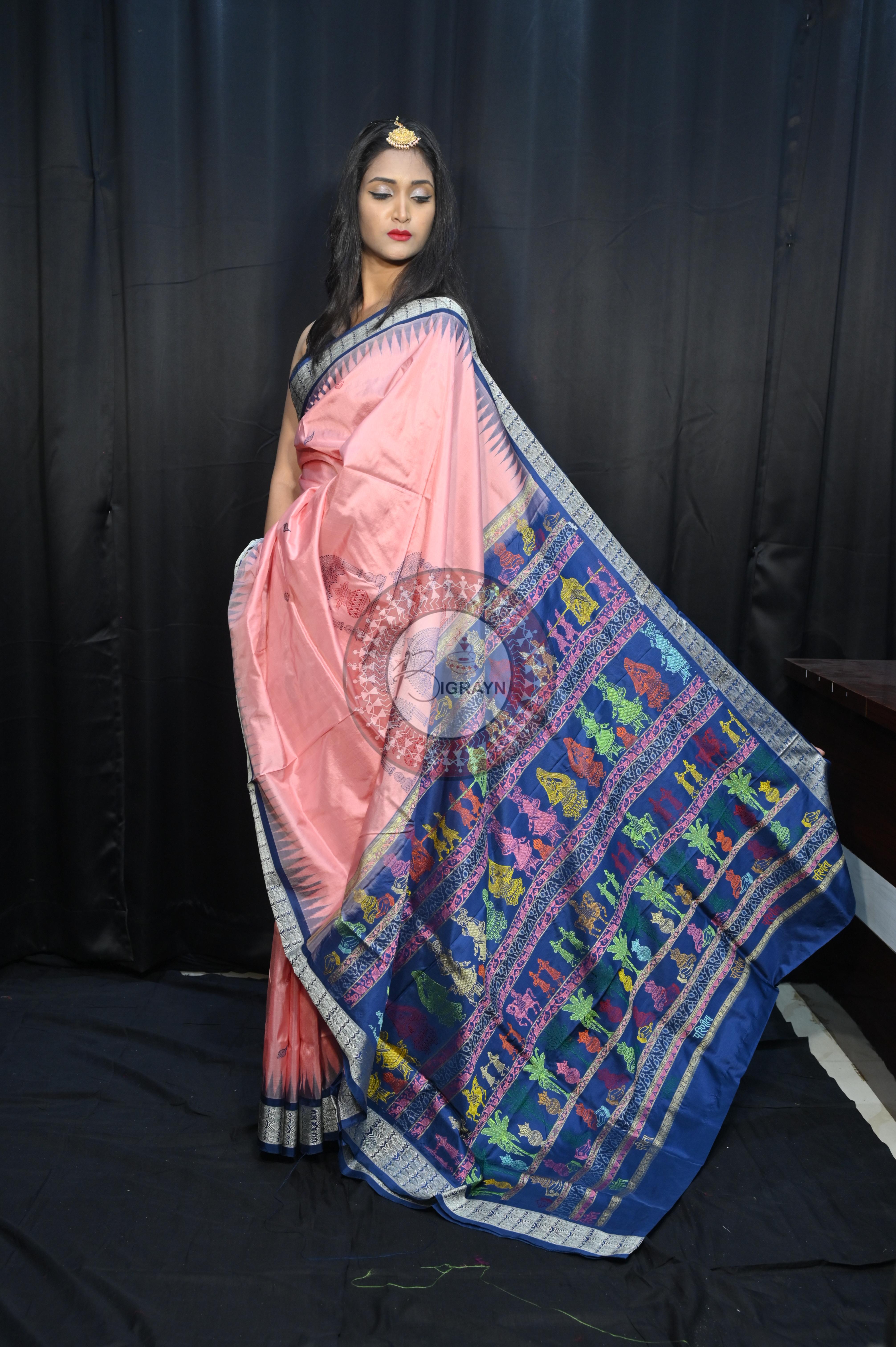 Peach Teal Blue Parinita(Marriage ) Exclusive Sambalpuri Silk Saree
