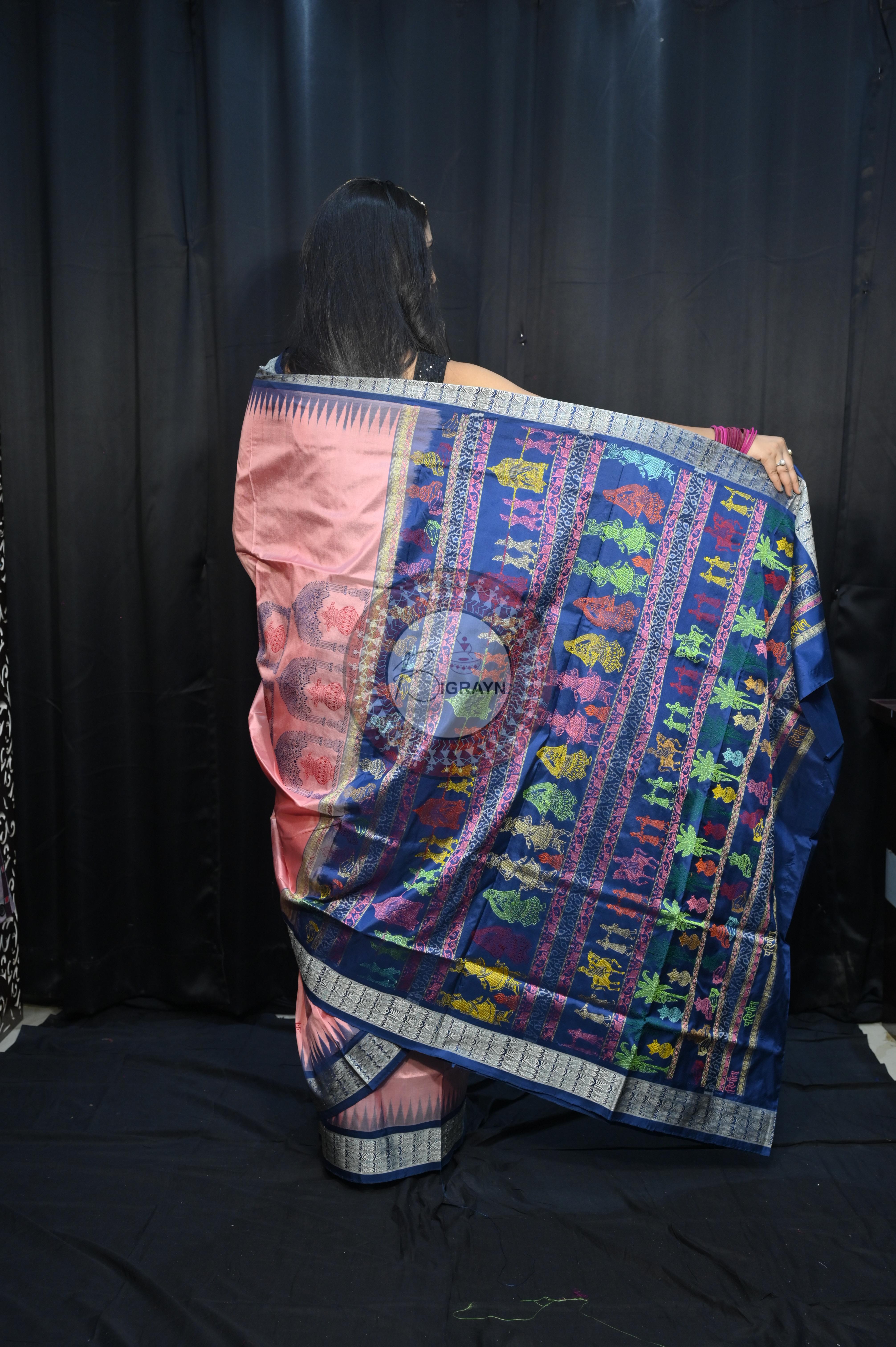 Peach Teal Blue Parinita(Marriage ) Exclusive Sambalpuri Silk Saree