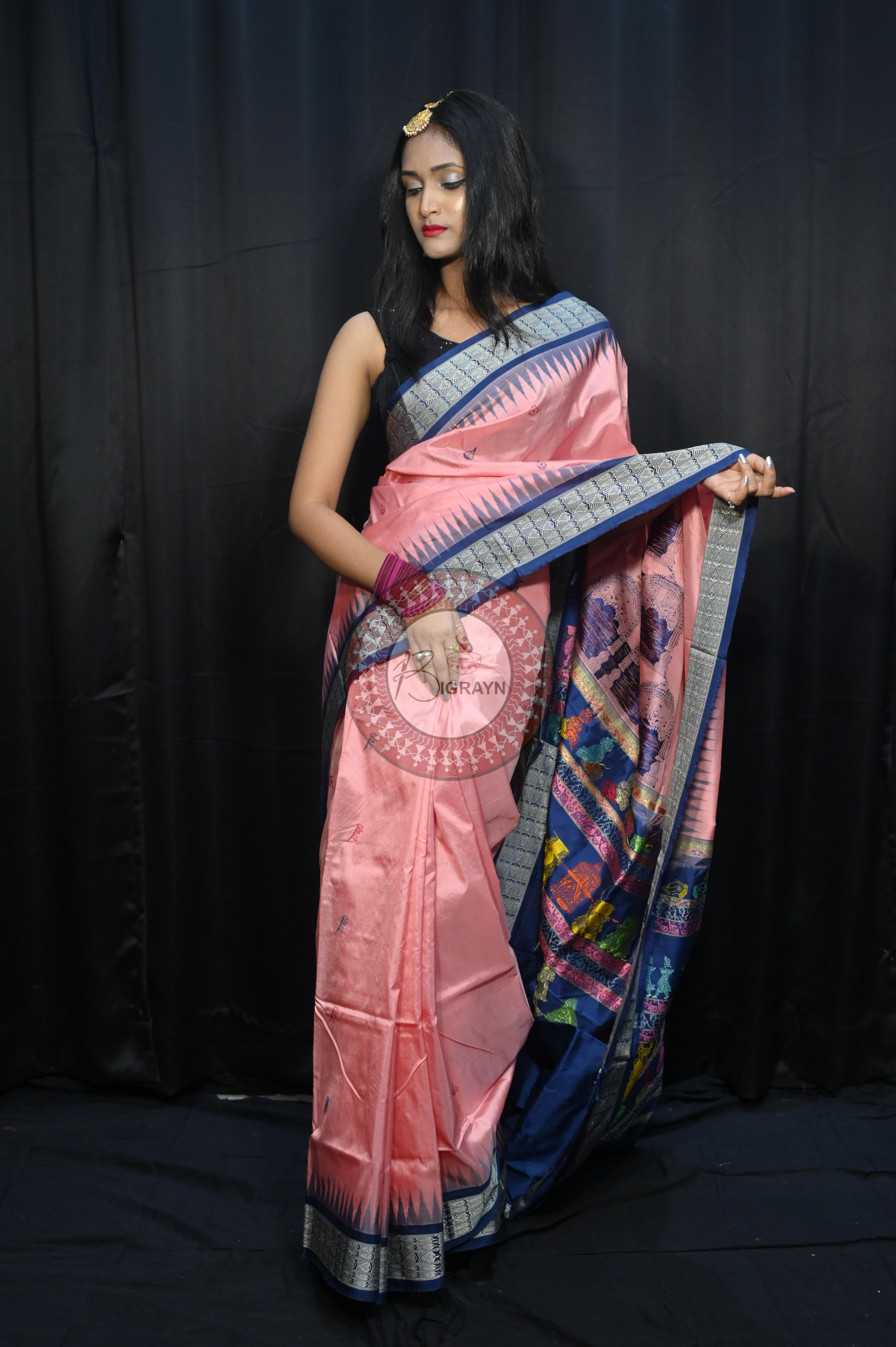 Peach Teal Blue Parinita(Marriage ) Exclusive Sambalpuri Silk Saree