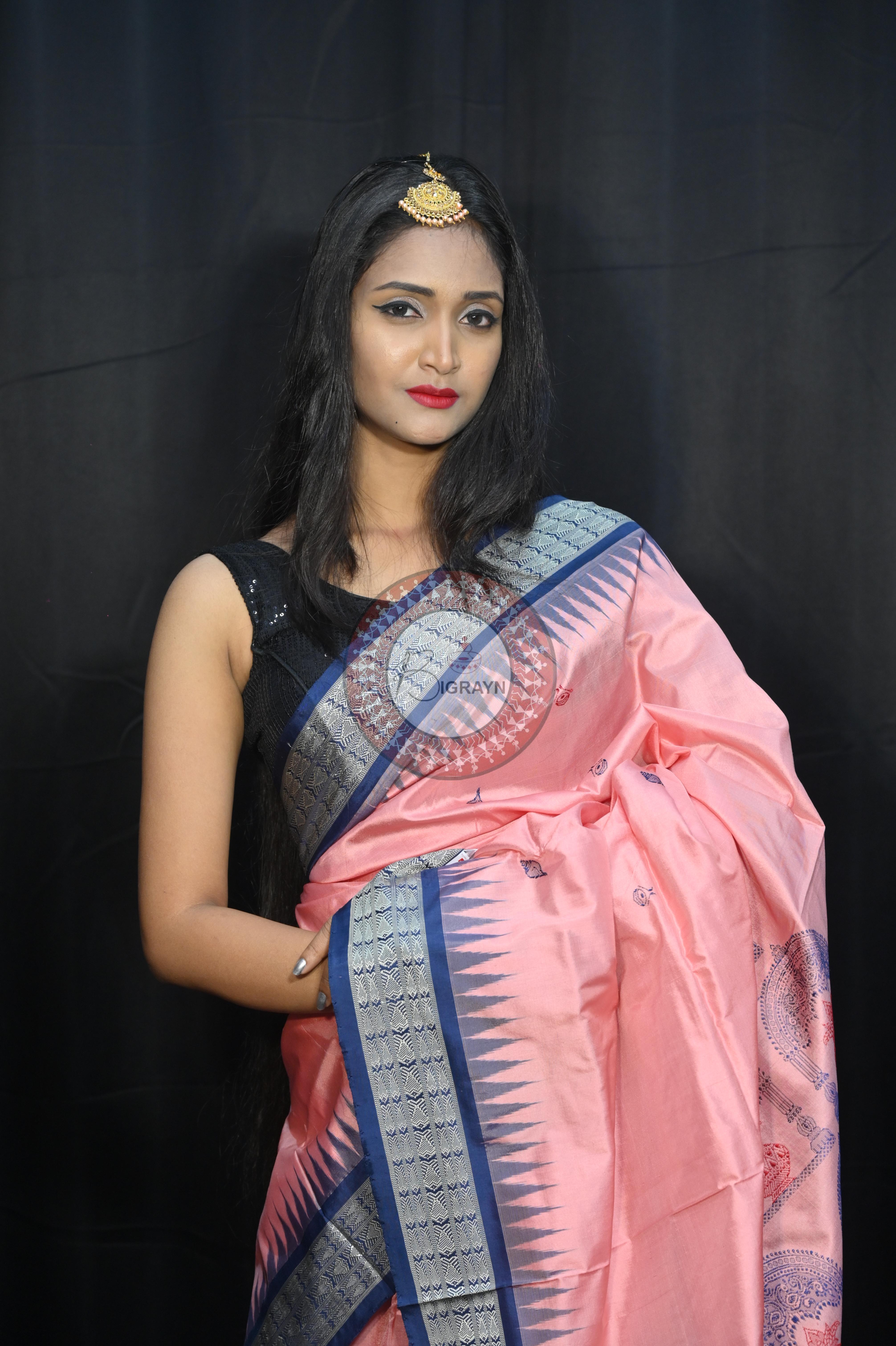 Peach Teal Blue Parinita(Marriage ) Exclusive Sambalpuri Silk Saree