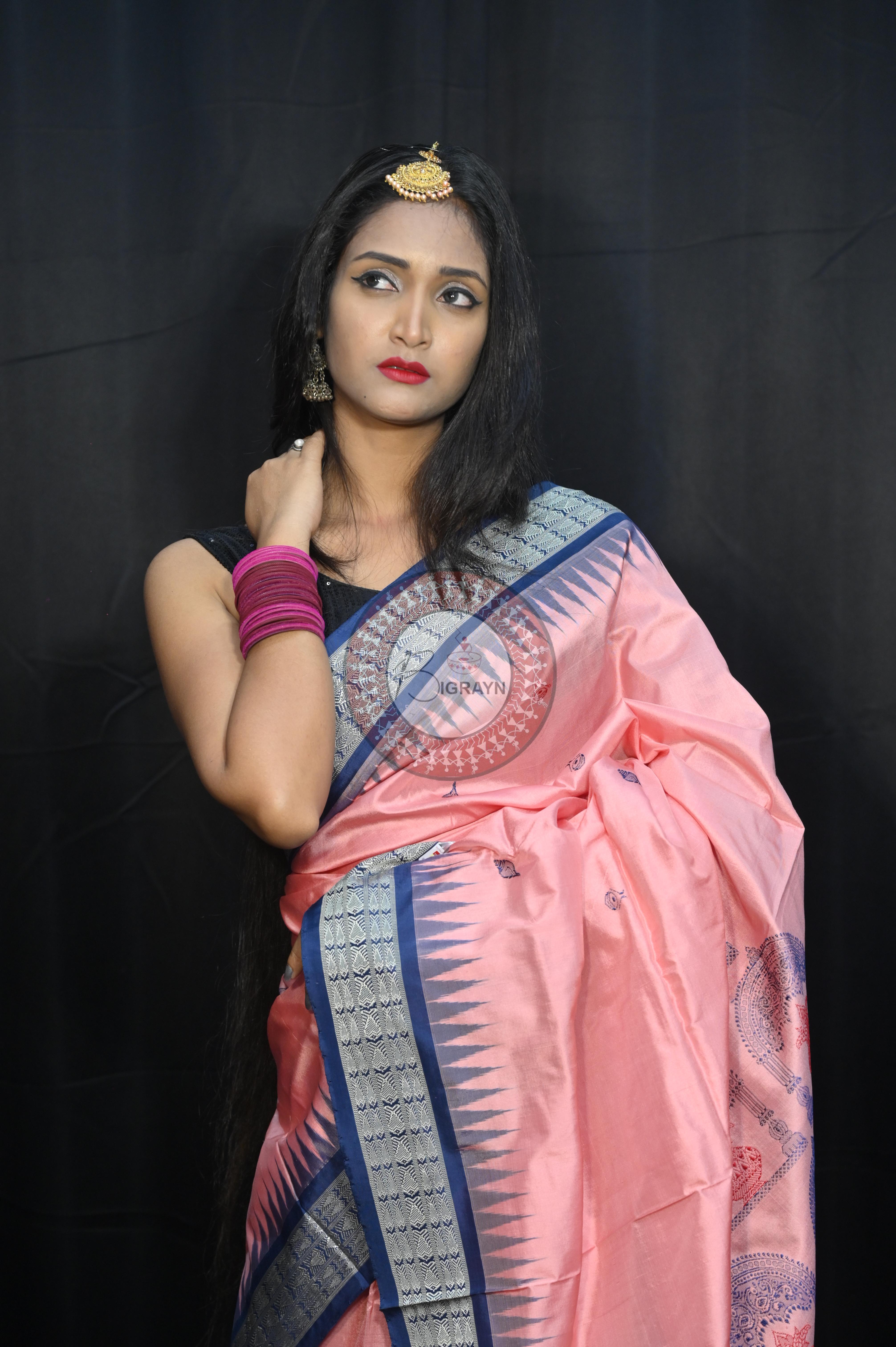 Peach Teal Blue Parinita(Marriage ) Exclusive Sambalpuri Silk Saree