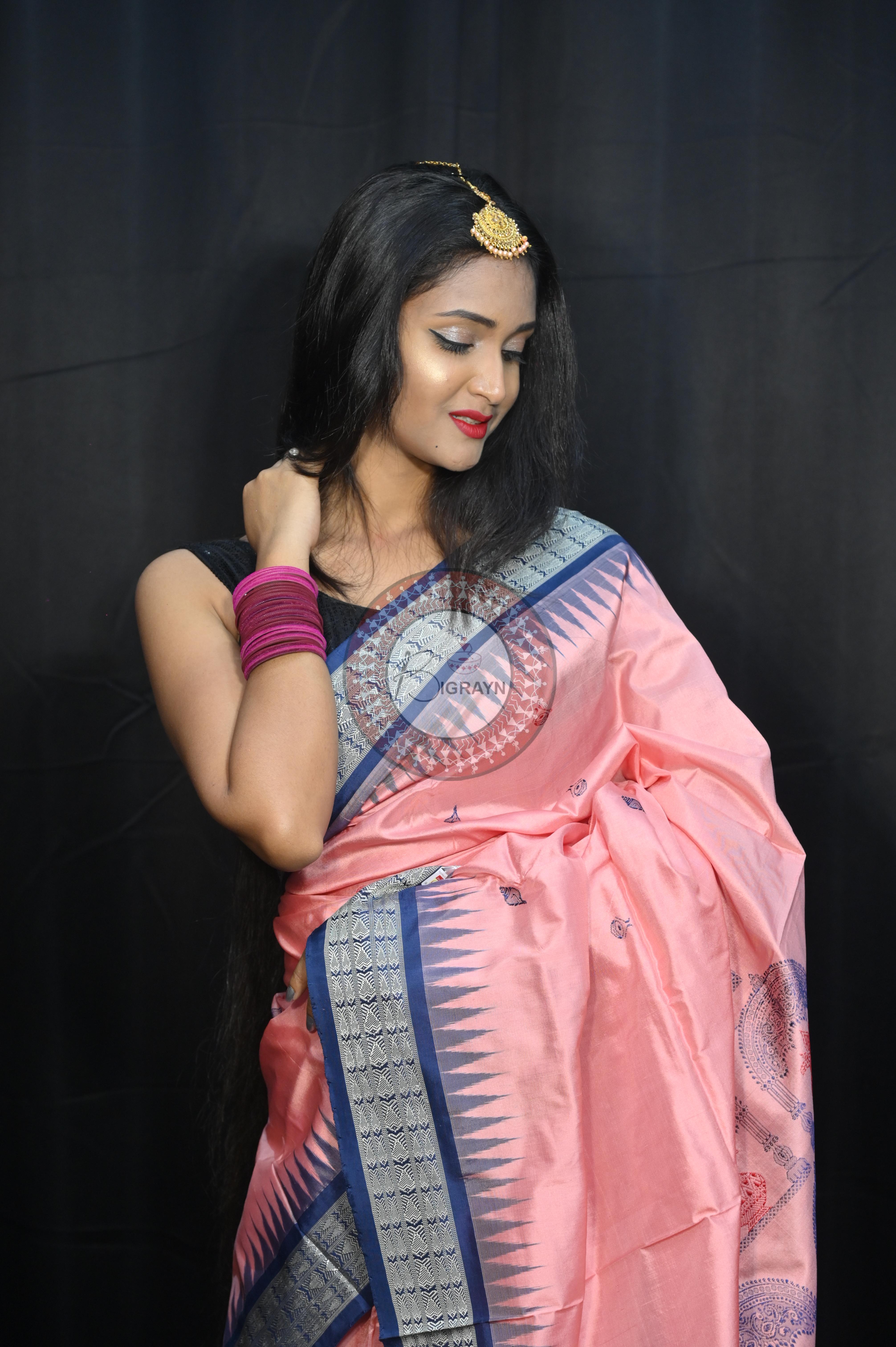 Peach Teal Blue Parinita(Marriage ) Exclusive Sambalpuri Silk Saree