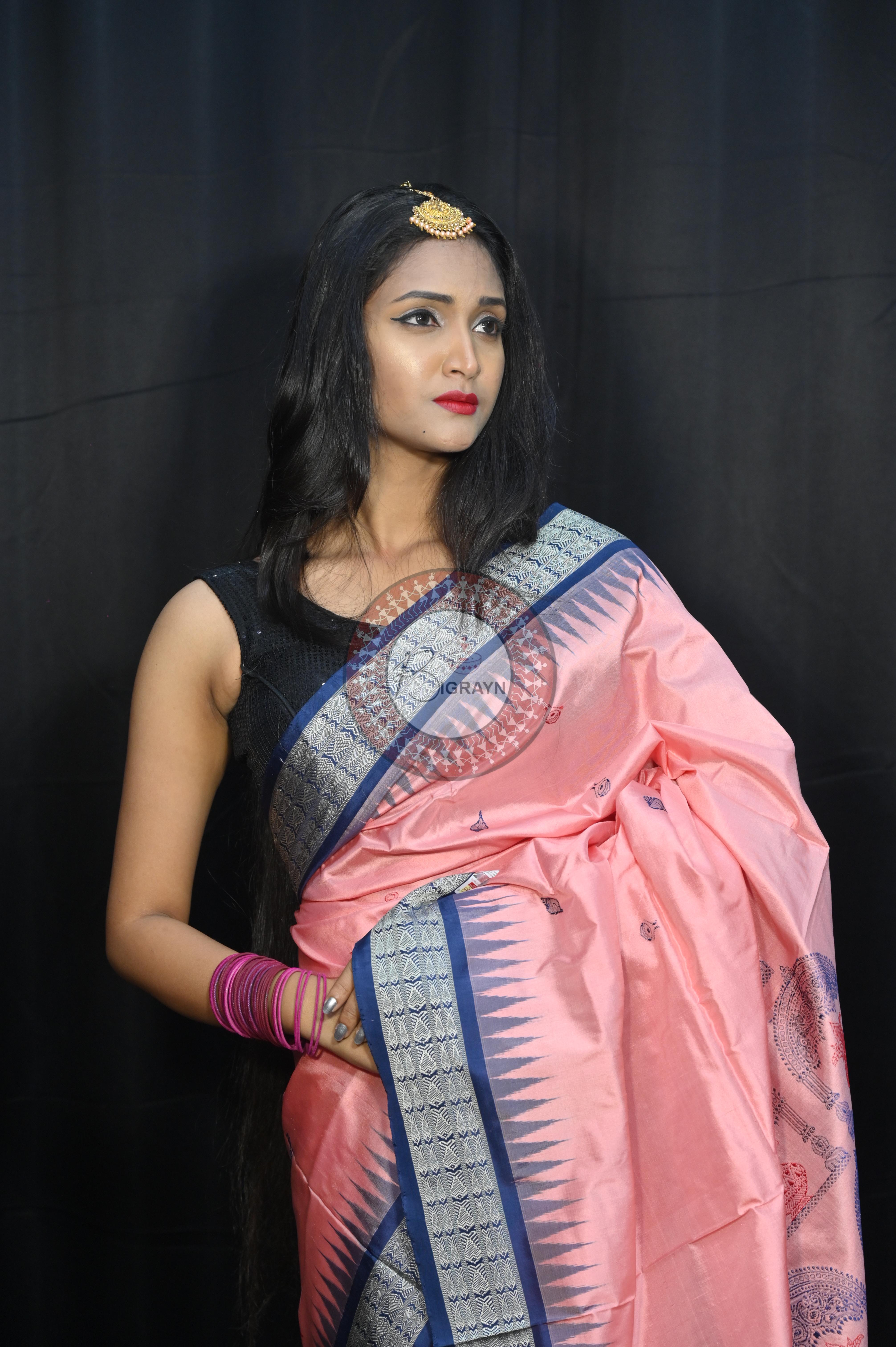 Peach Teal Blue Parinita(Marriage ) Exclusive Sambalpuri Silk Saree