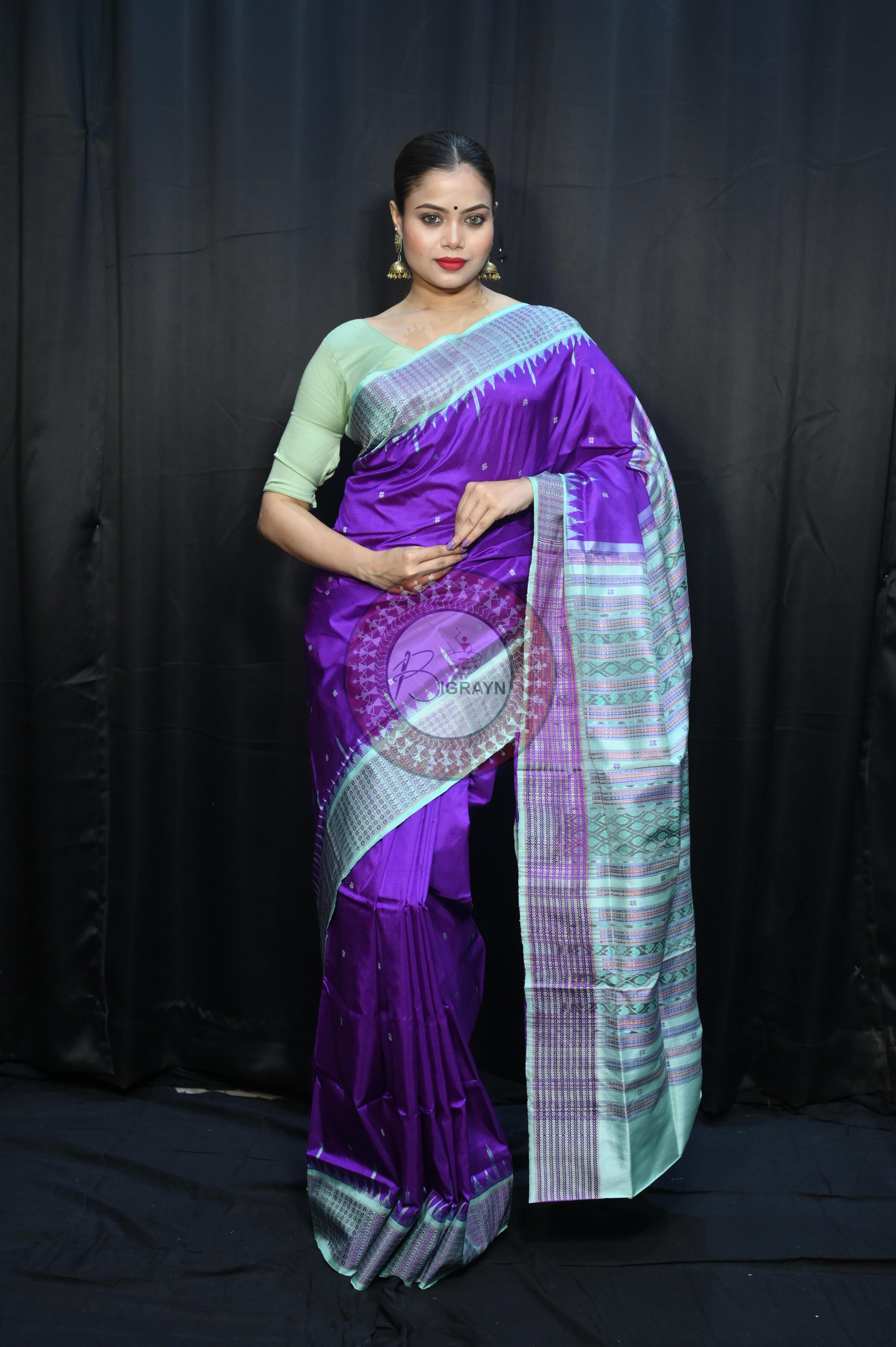 Purple Aqua Dash Phulia Border Bomkai Silk Saree