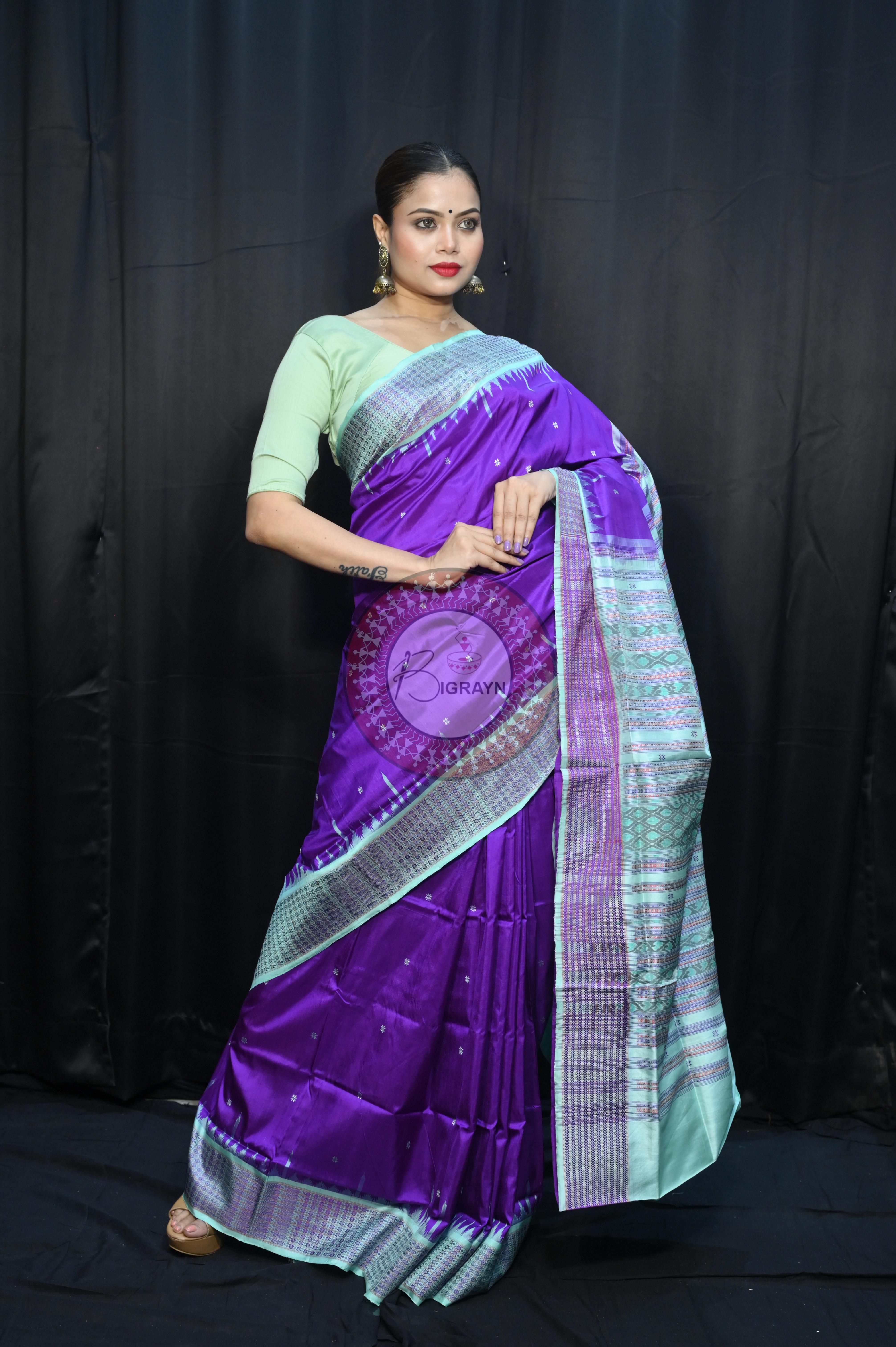 Purple Aqua Dash Phulia Border Bomkai Silk Saree
