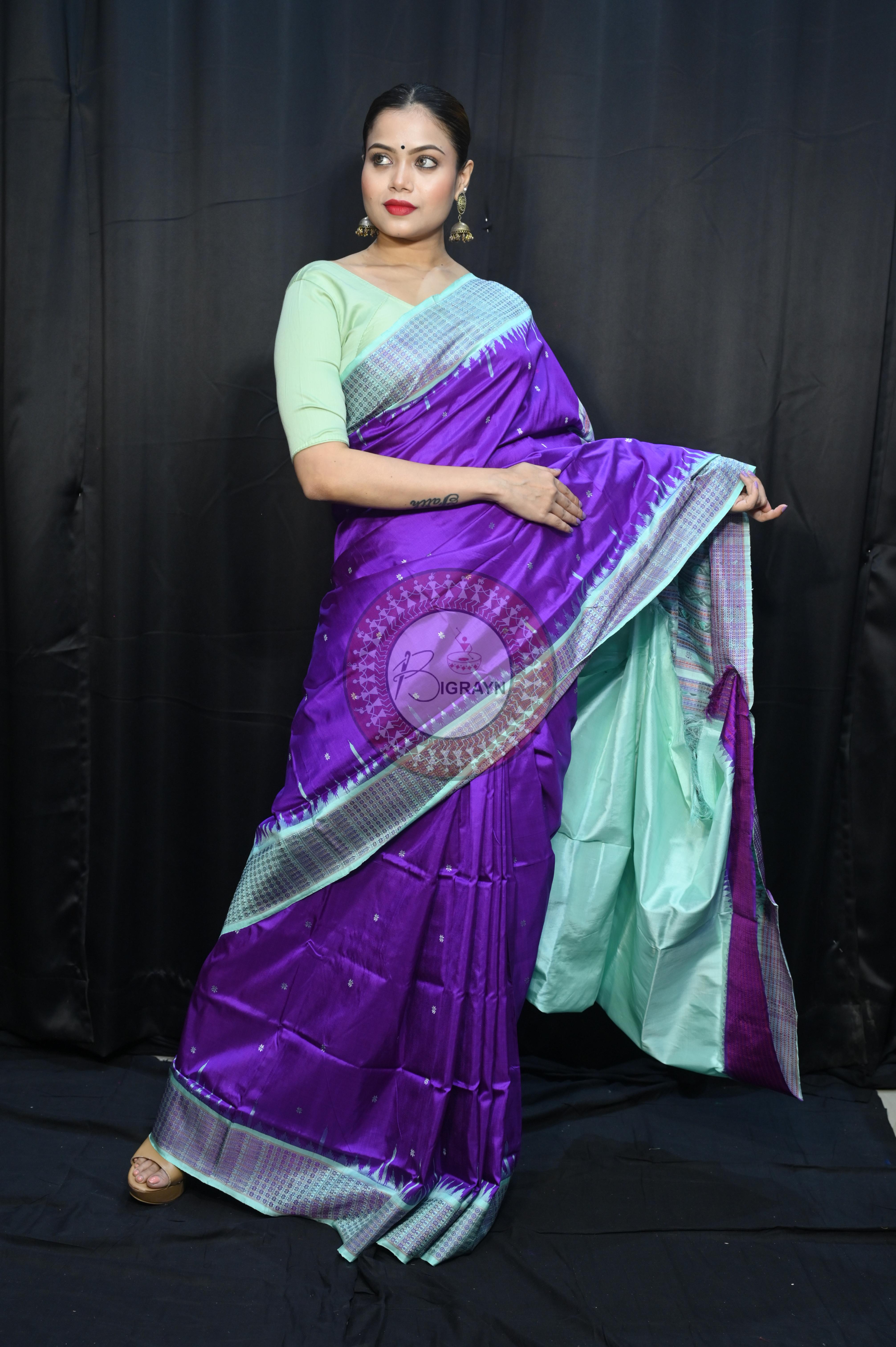 Purple Aqua Dash Phulia Border Bomkai Silk Saree
