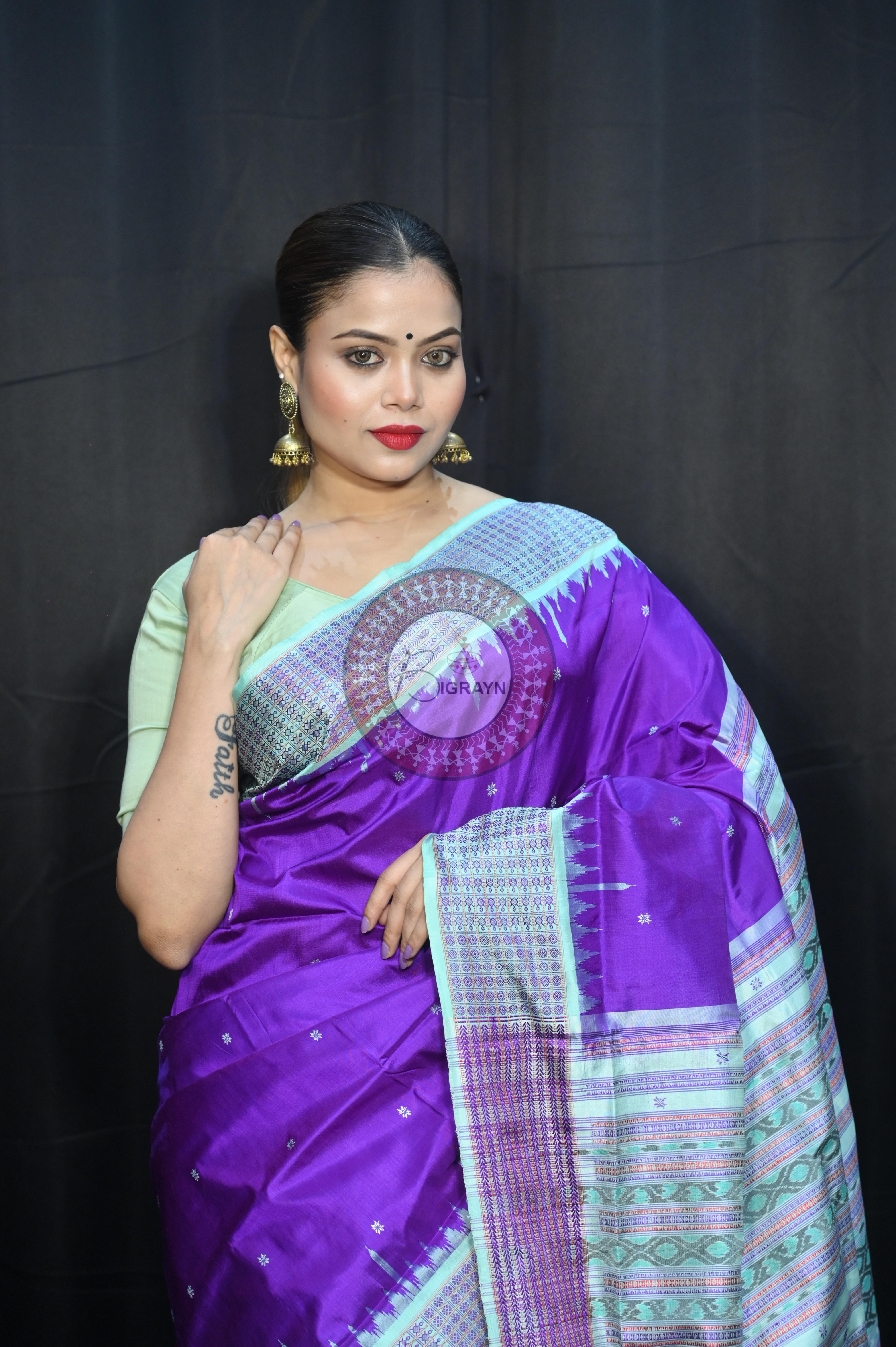 Purple Aqua Dash Phulia Border Bomkai Silk Saree