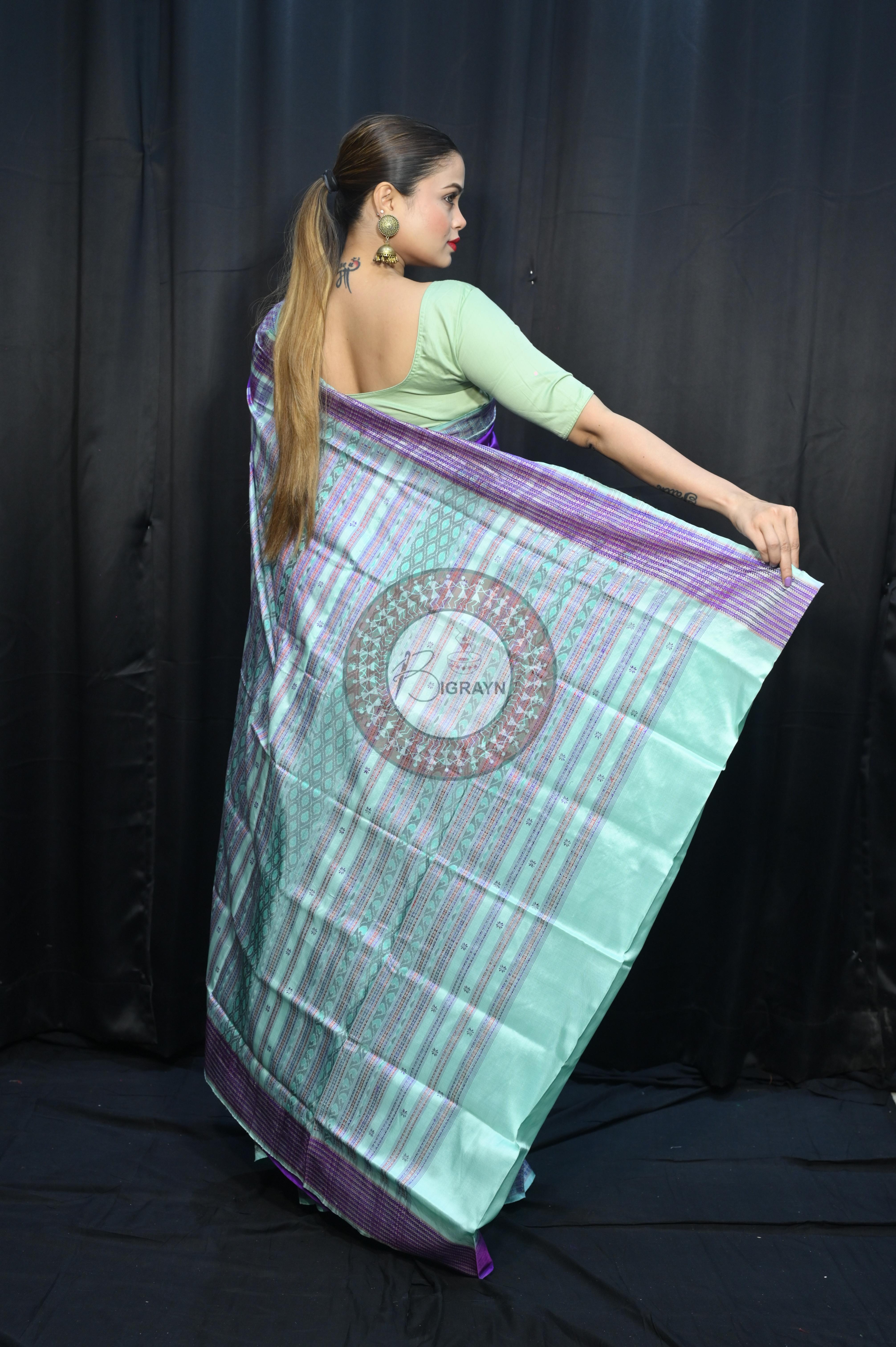 Purple Aqua Dash Phulia Border Bomkai Silk Saree