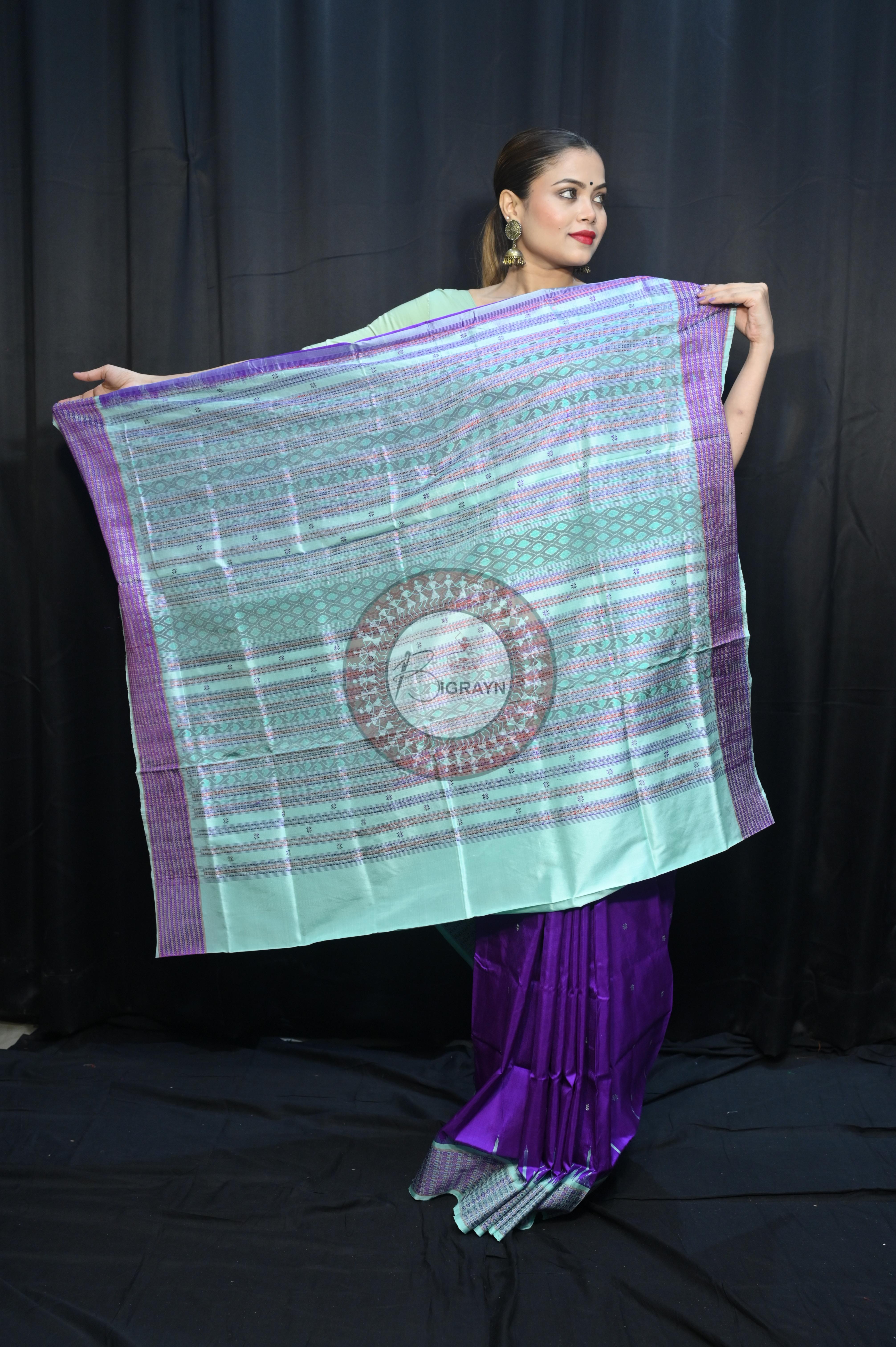 Purple Aqua Dash Phulia Border Bomkai Silk Saree