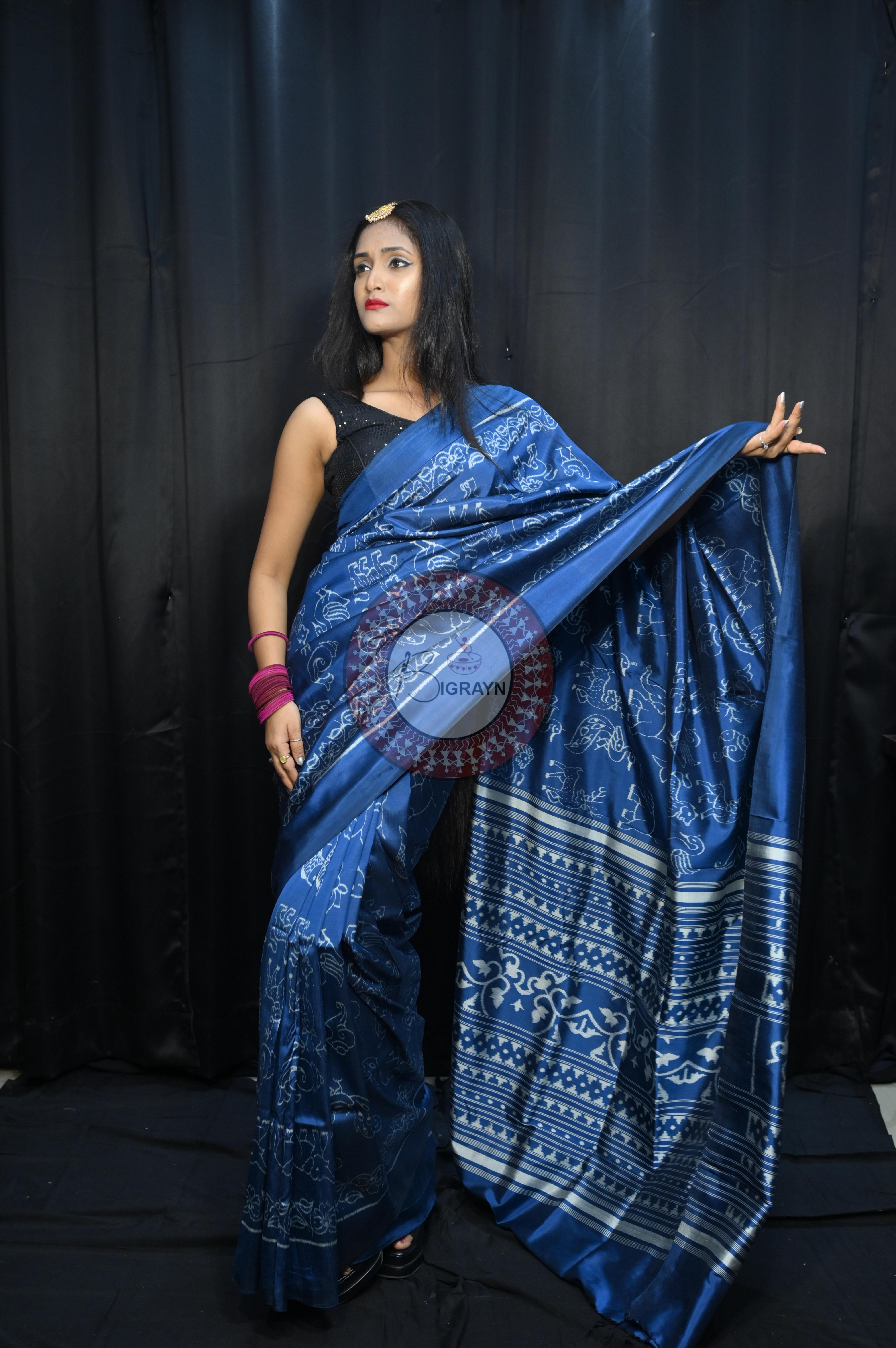 Indigo Blue Animal Mulberry Silk Saree