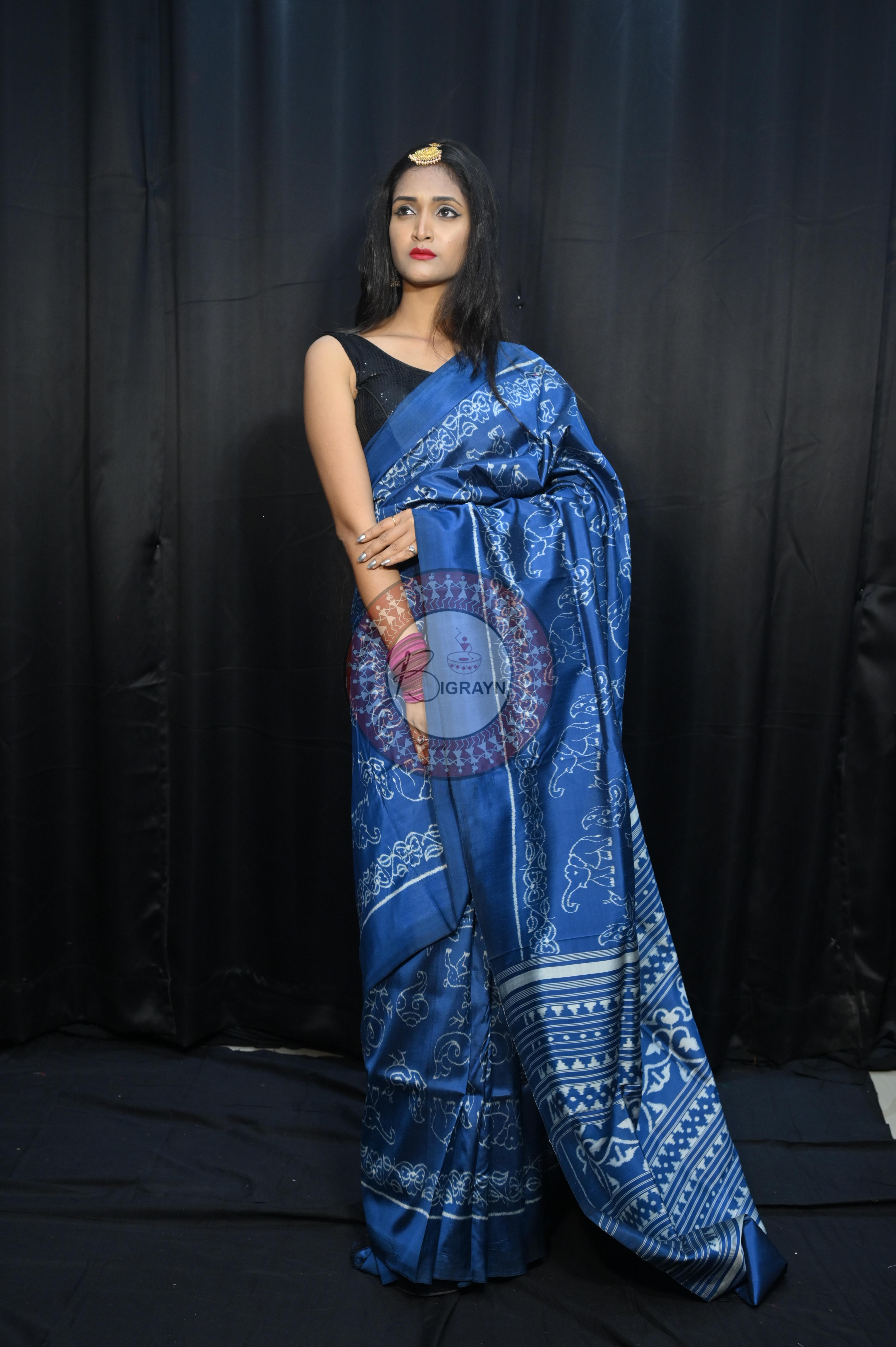 Indigo Blue Animal Mulberry Silk Saree