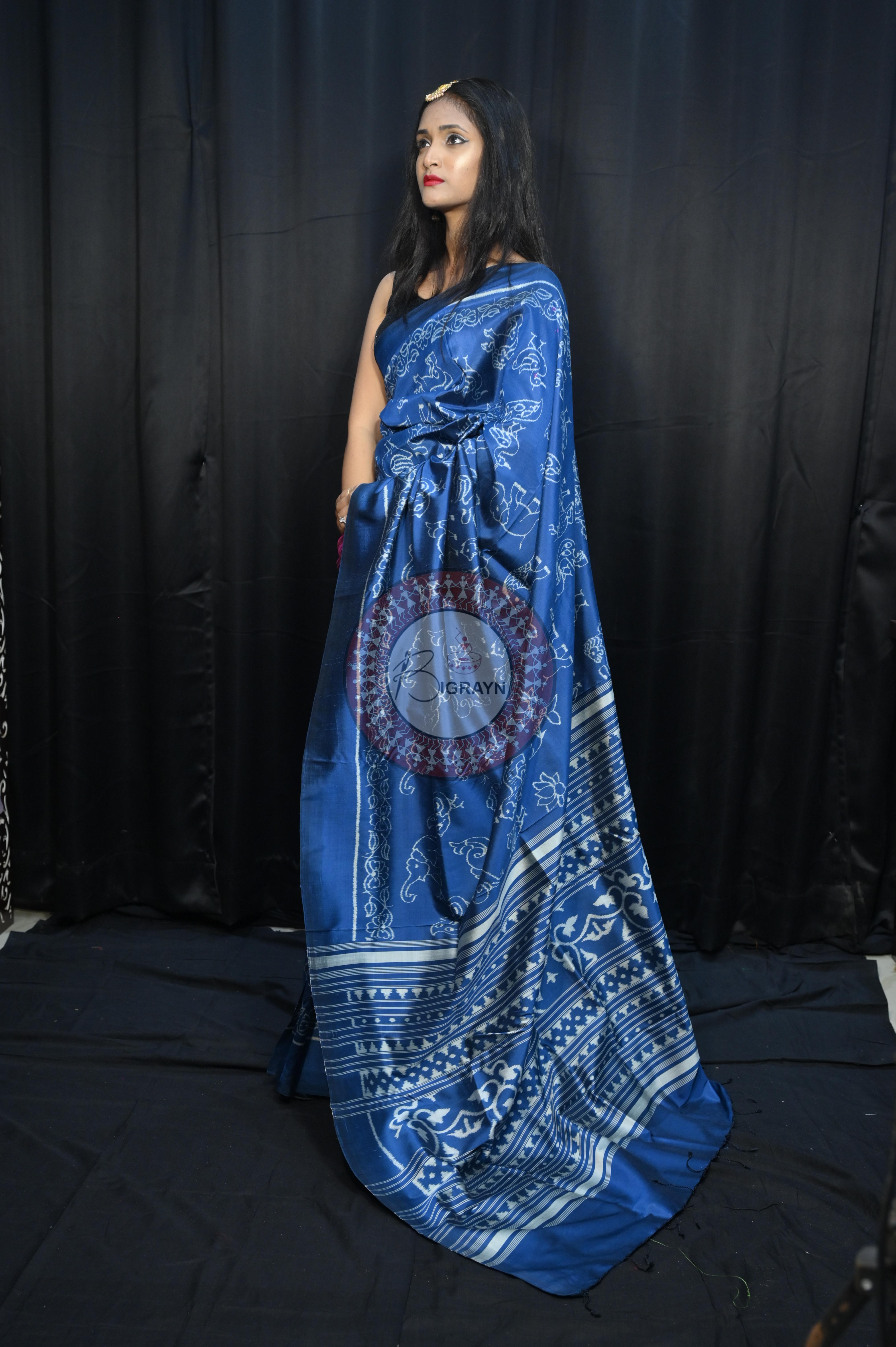 Indigo Blue Animal Mulberry Silk Saree