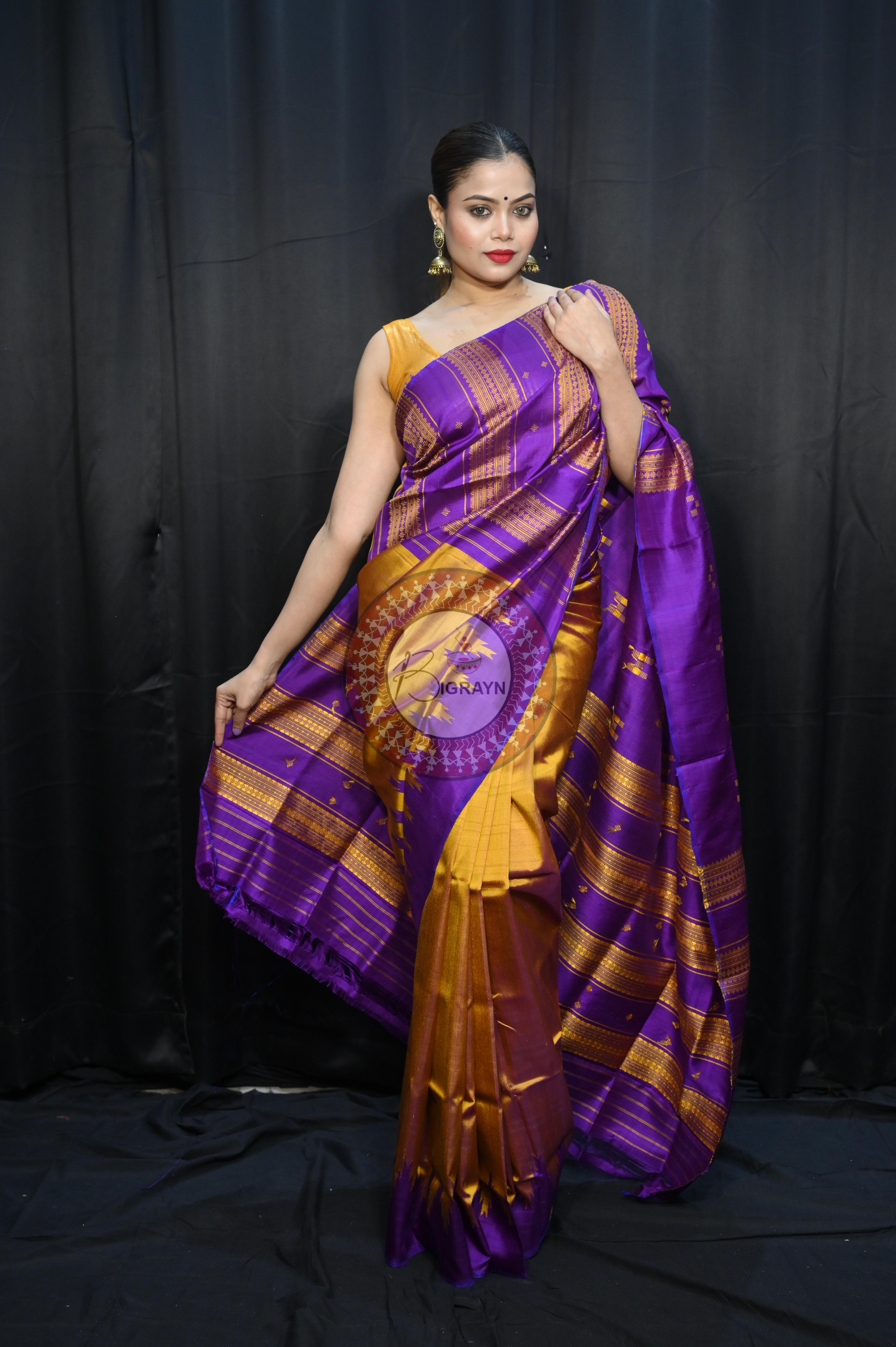 Golden Purple Double Anchal Berhampuri Silk Saree