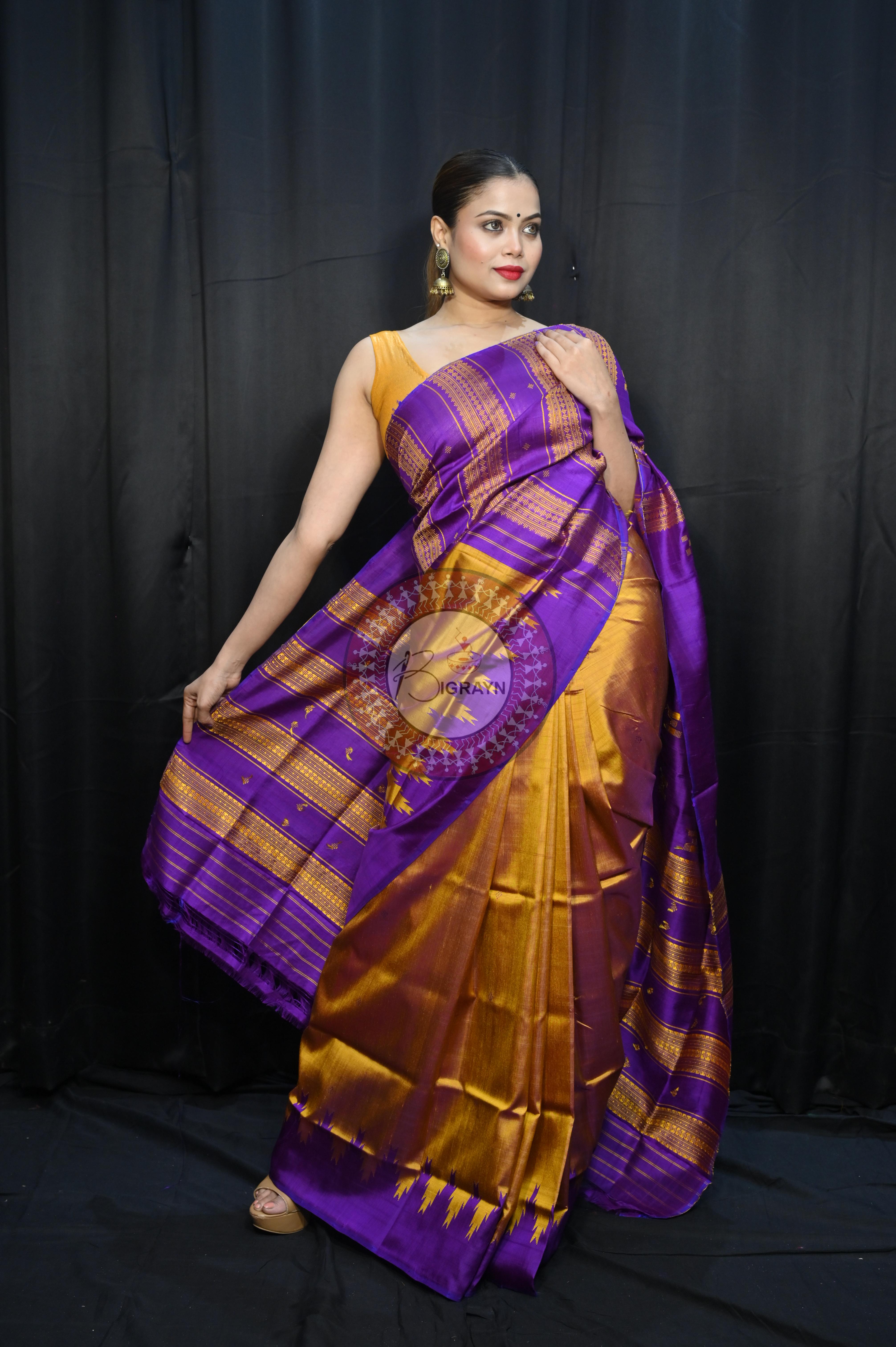 Golden Purple Double Anchal Berhampuri Silk Saree