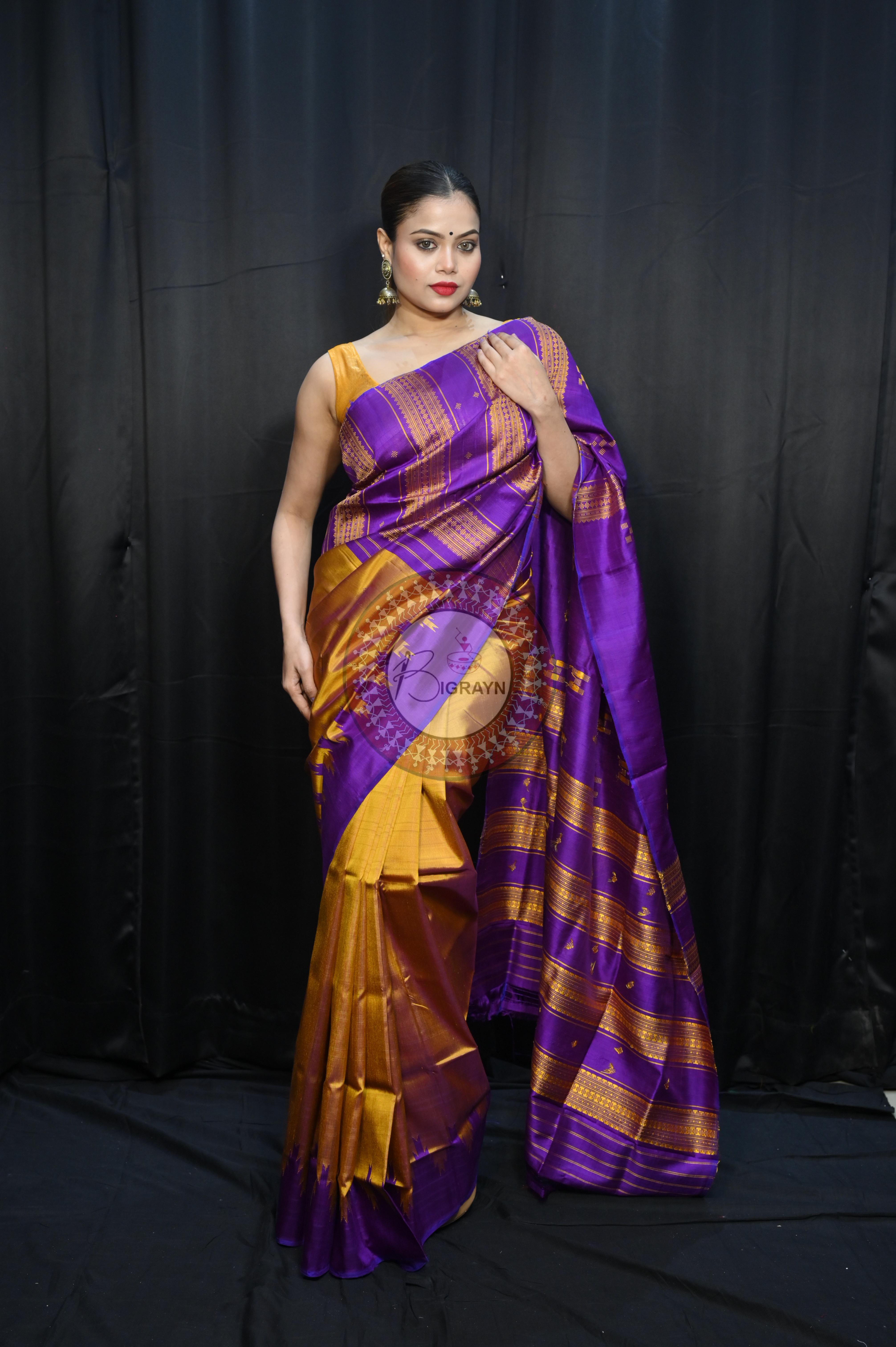 Golden Purple Double Anchal Berhampuri Silk Saree