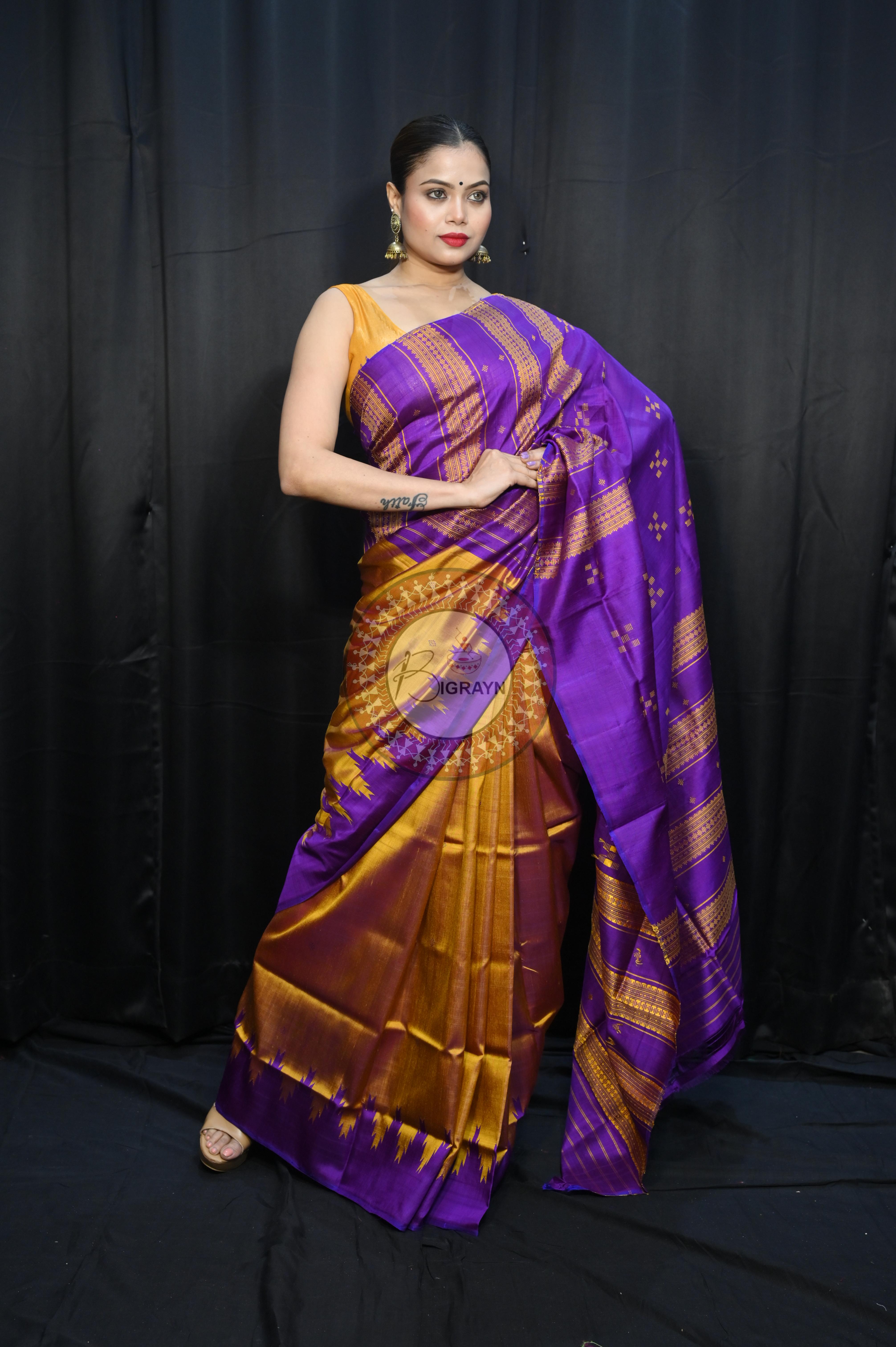 Golden Purple Double Anchal Berhampuri Silk Saree