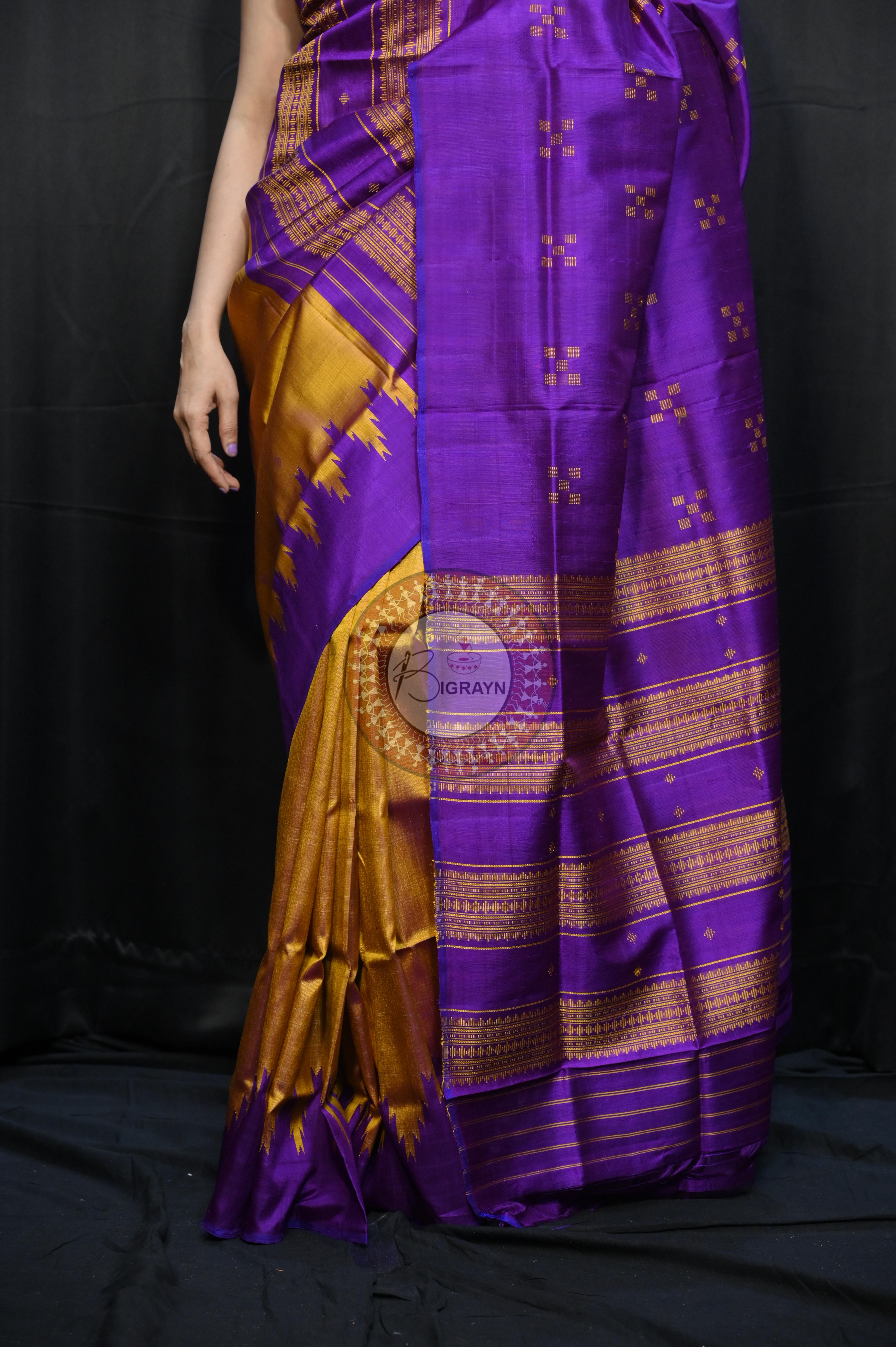 Golden Purple Double Anchal Berhampuri Silk Saree