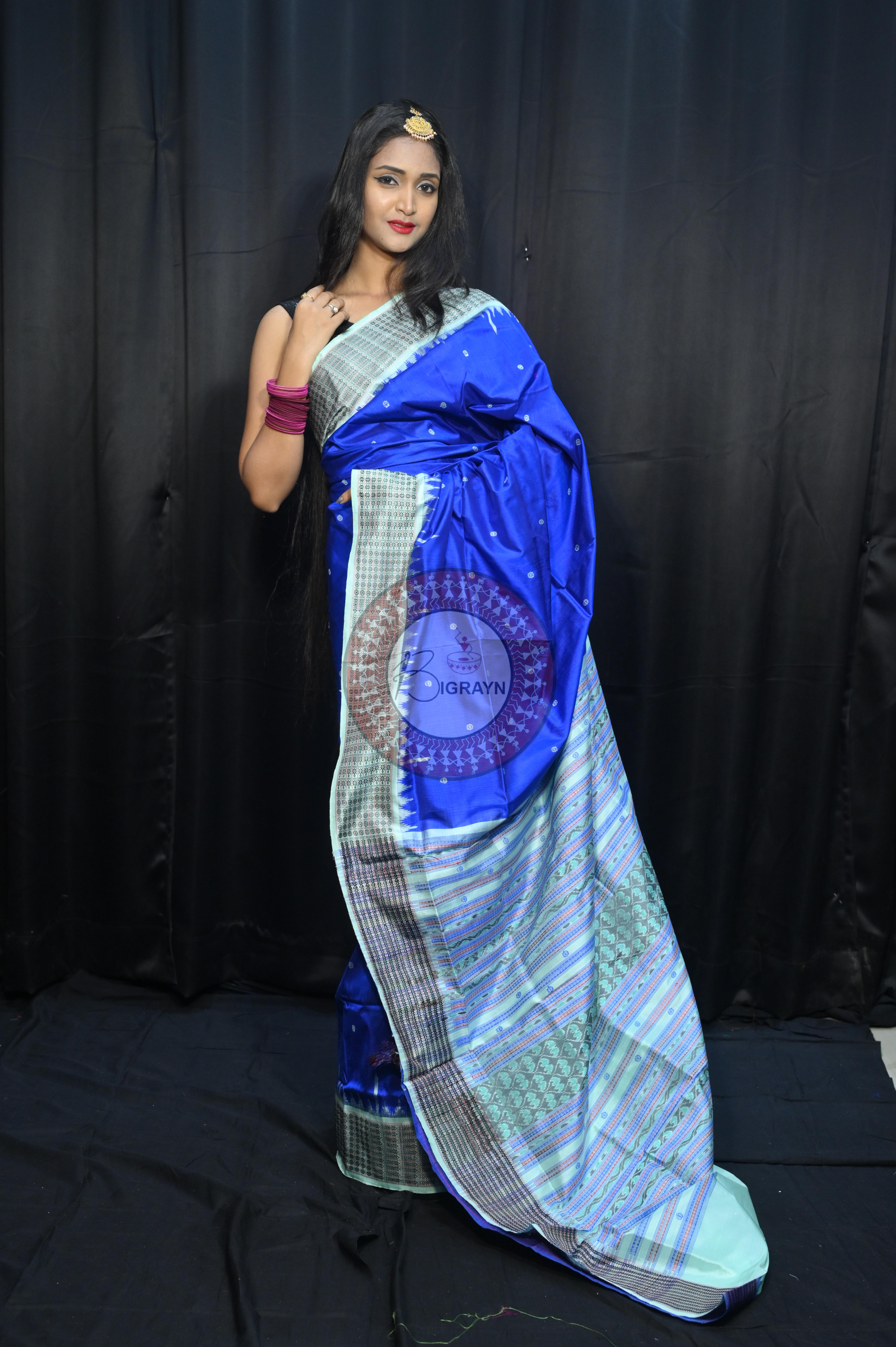Royal Blue Aqua Dash Phulia Border Bomkai Silk Saree