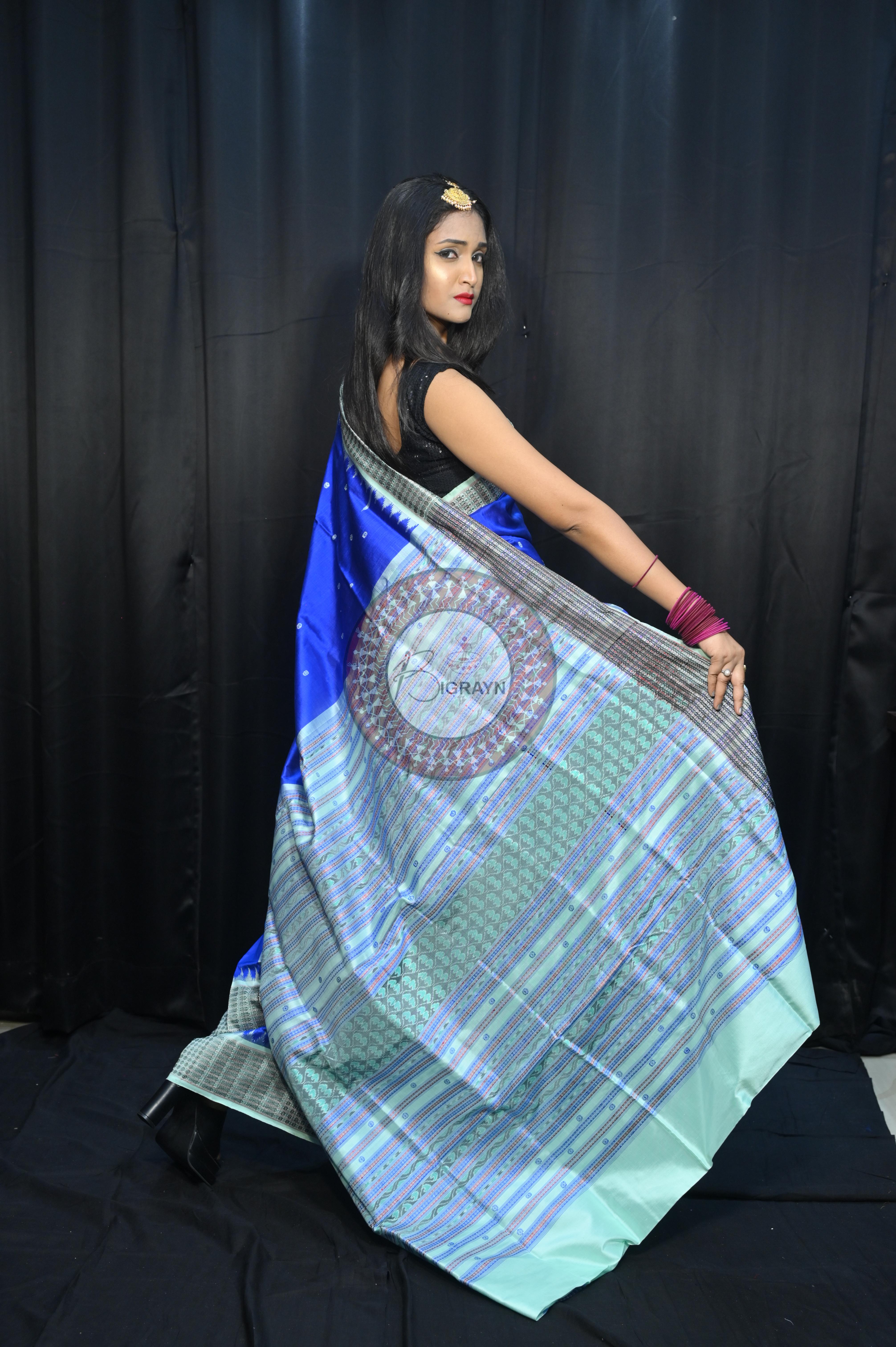 Royal Blue Aqua Dash Phulia Border Bomkai Silk Saree