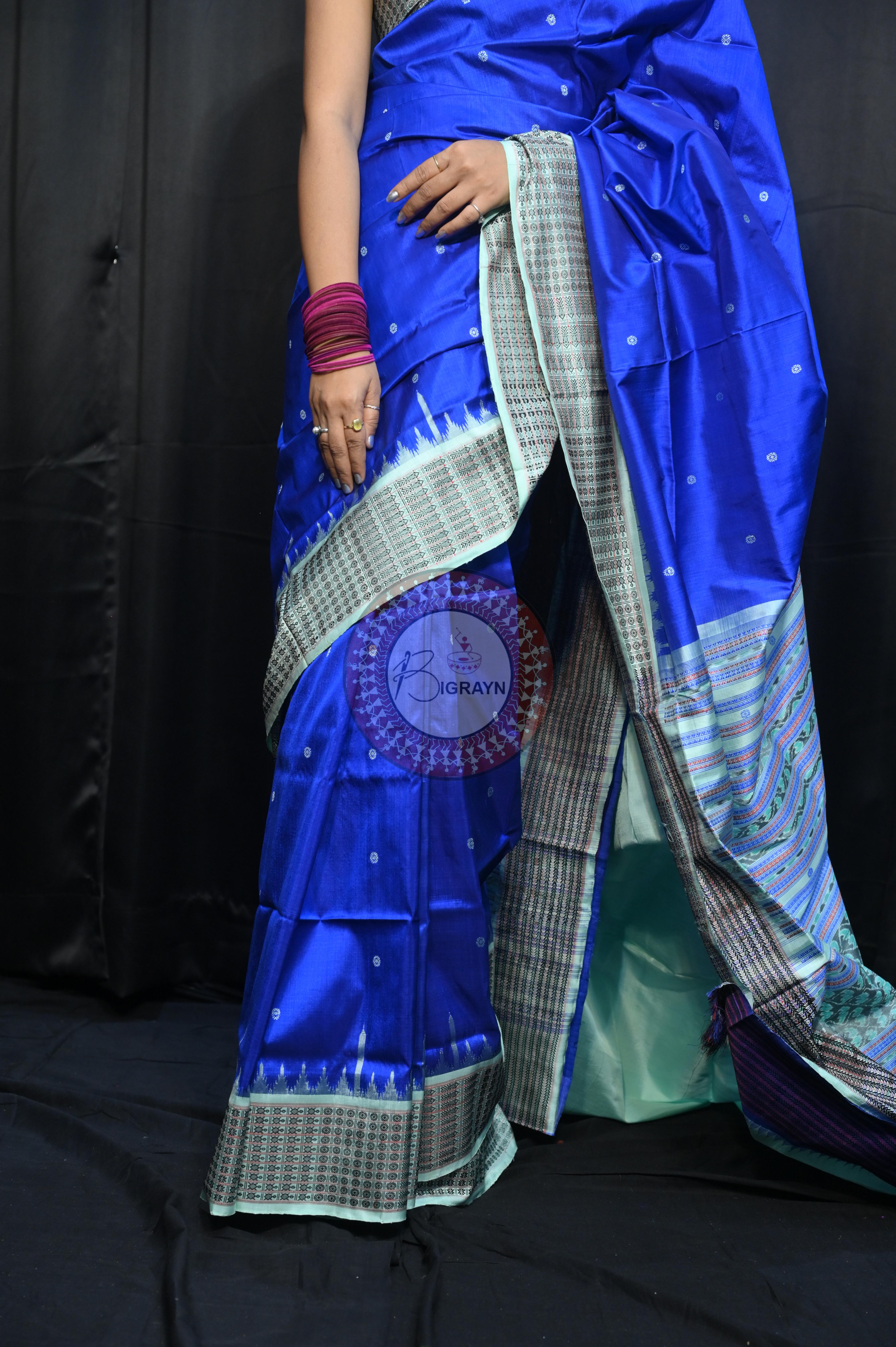Royal Blue Aqua Dash Phulia Border Bomkai Silk Saree