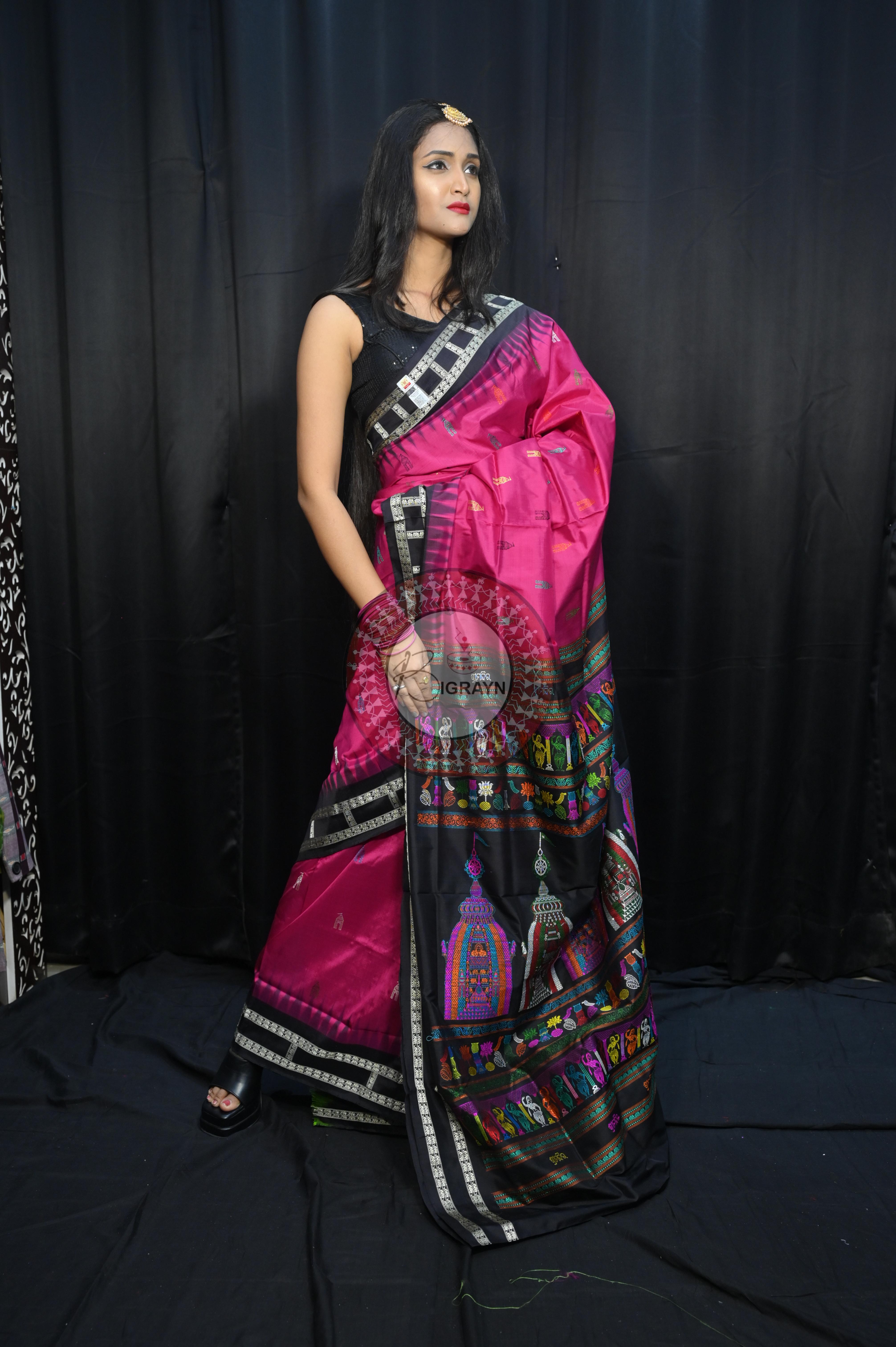 Magenta Black Sri Mandir Sambalpuri Silk Saree