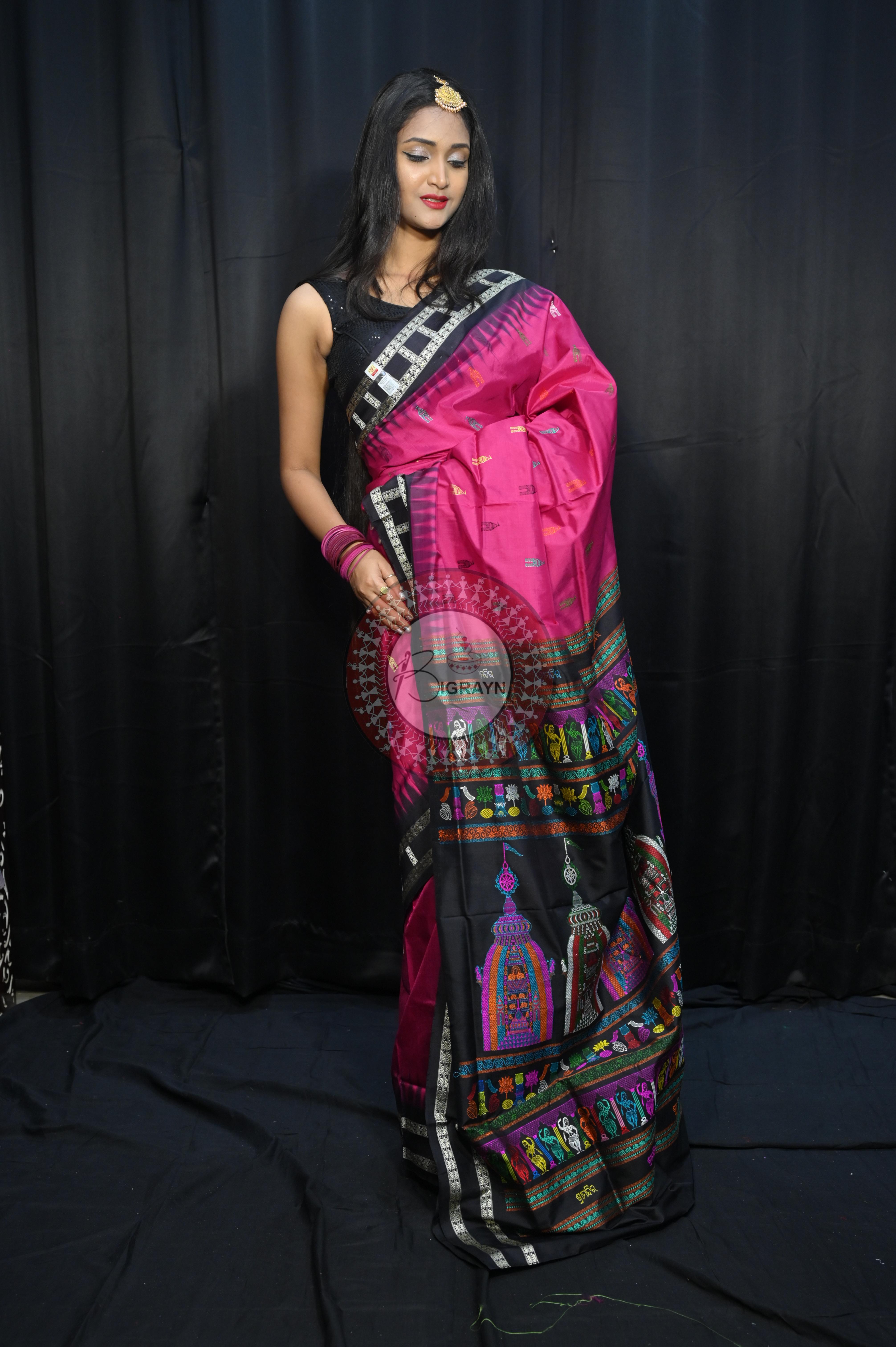 Magenta Black Sri Mandir Sambalpuri Silk Saree