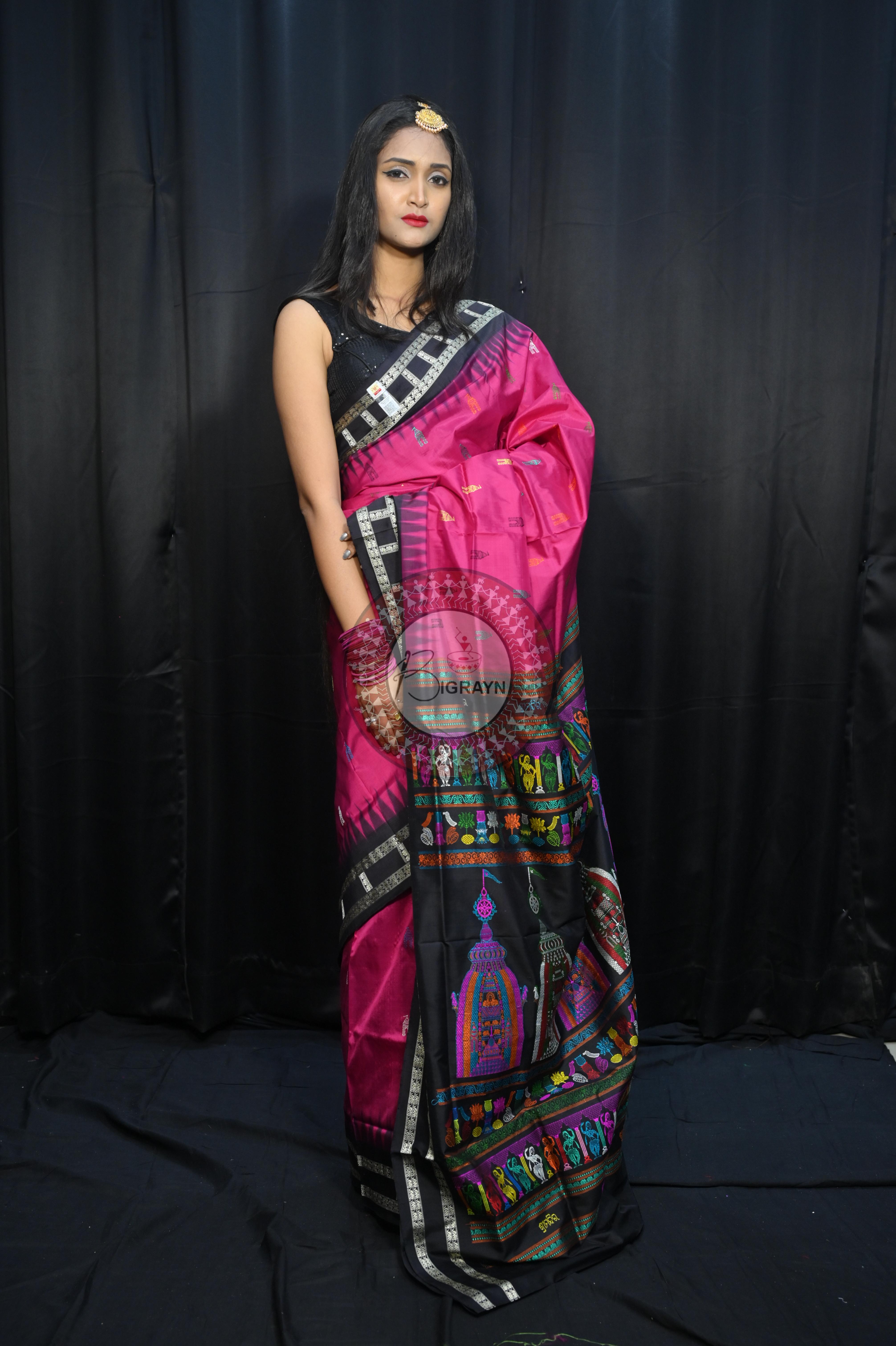 Magenta Black Sri Mandir Sambalpuri Silk Saree