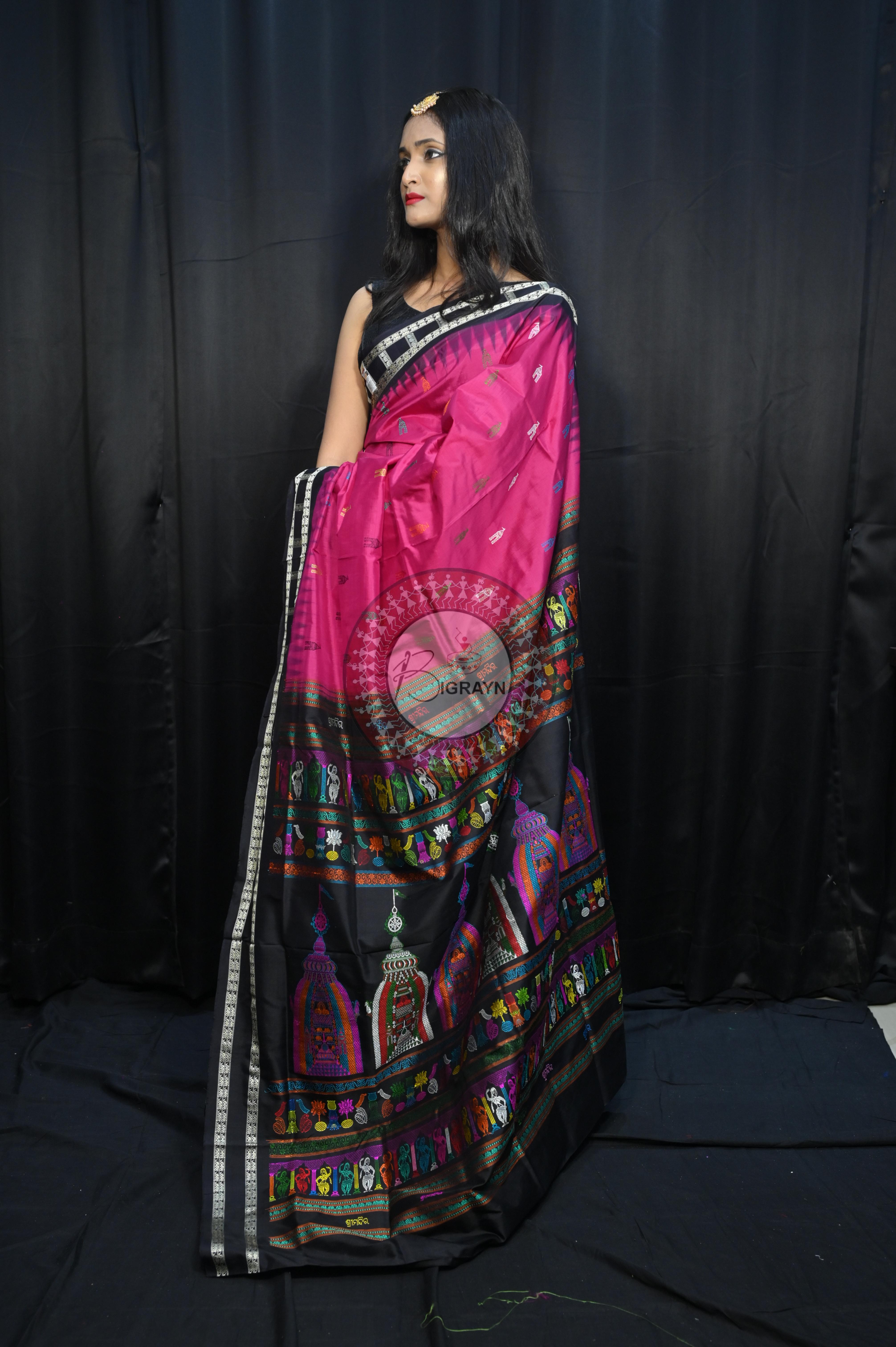Magenta Black Sri Mandir Sambalpuri Silk Saree