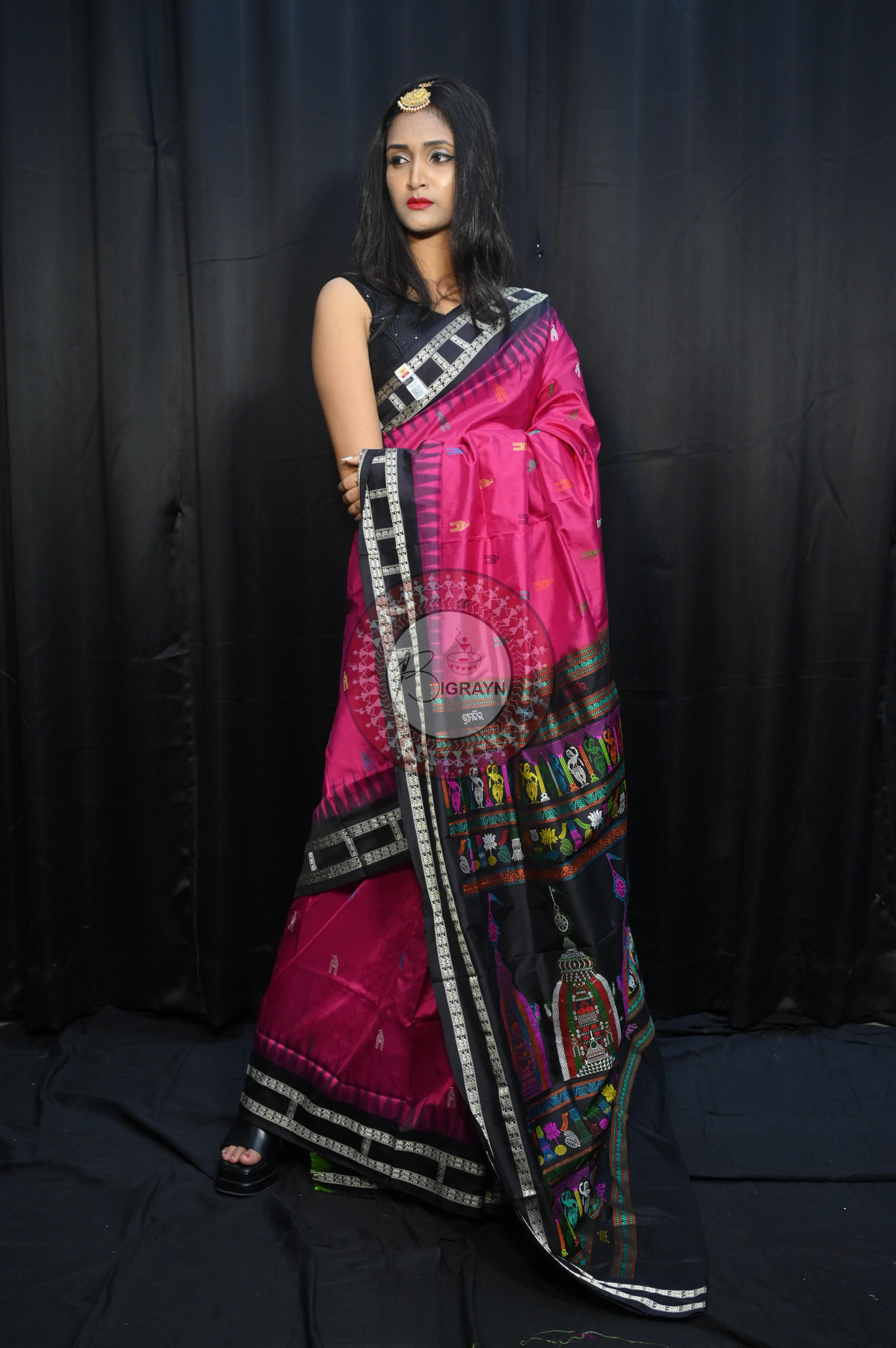 Magenta Black Sri Mandir Sambalpuri Silk Saree