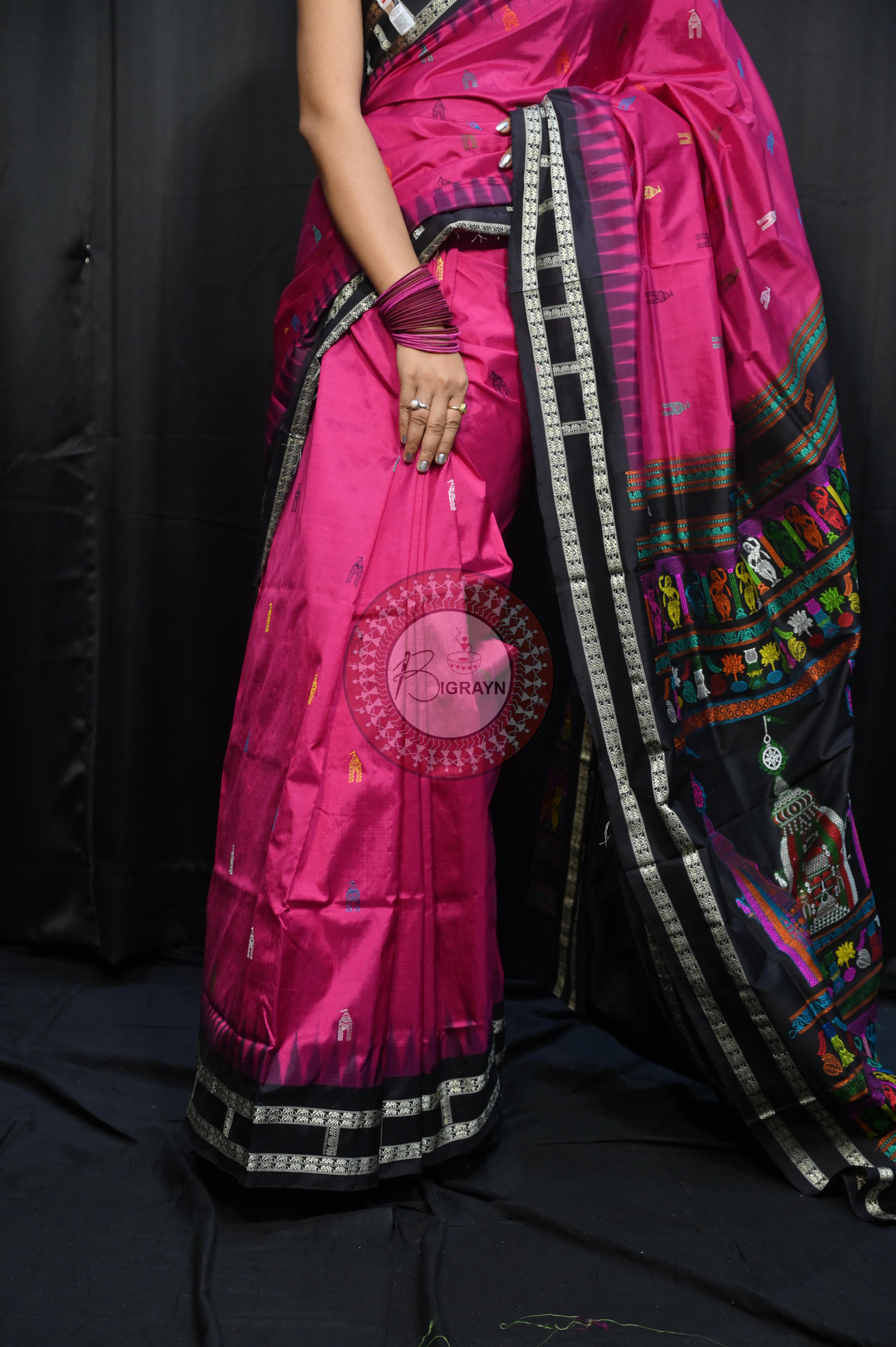 Magenta Black Sri Mandir Sambalpuri Silk Saree