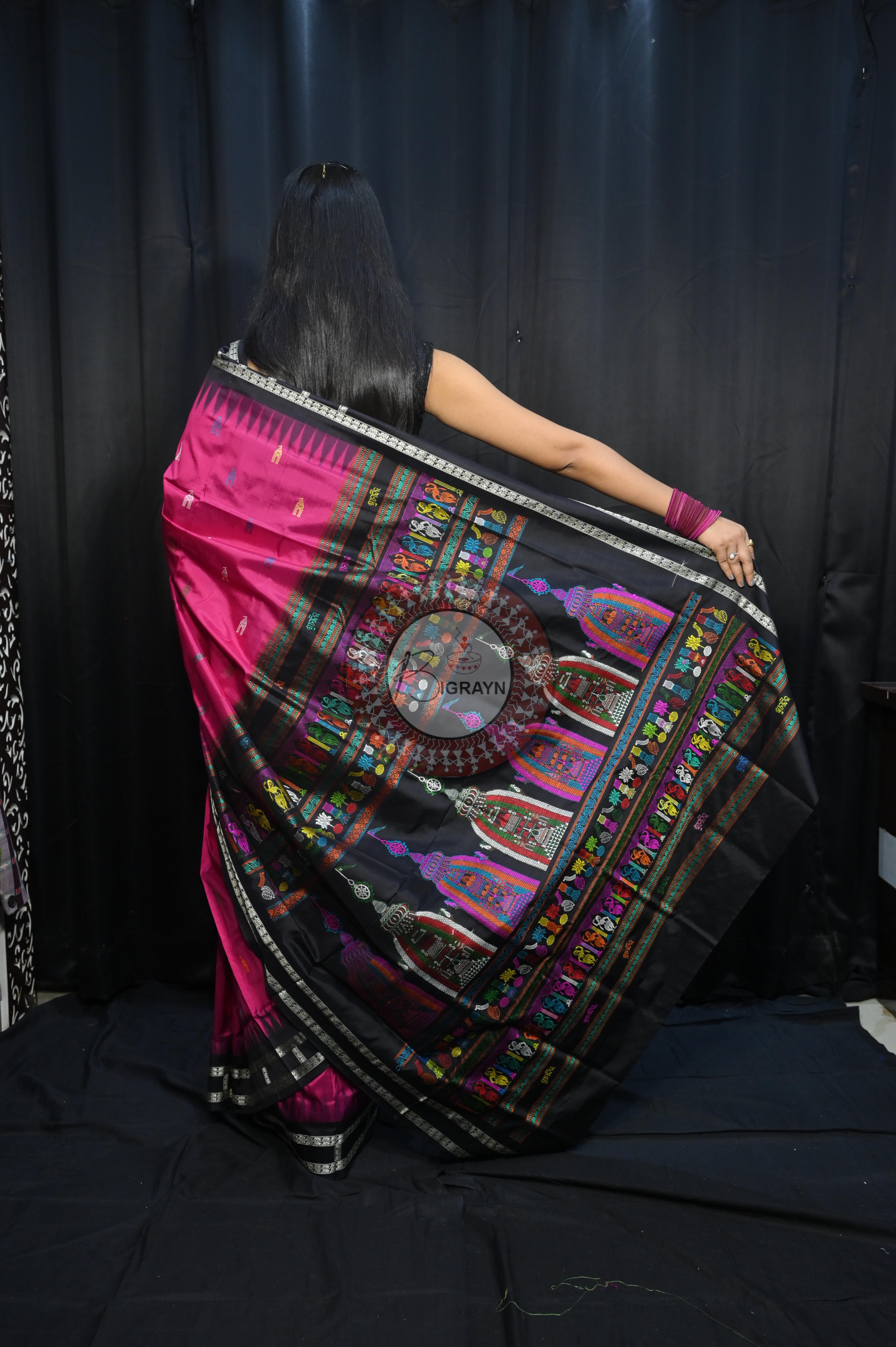 Magenta Black Sri Mandir Sambalpuri Silk Saree