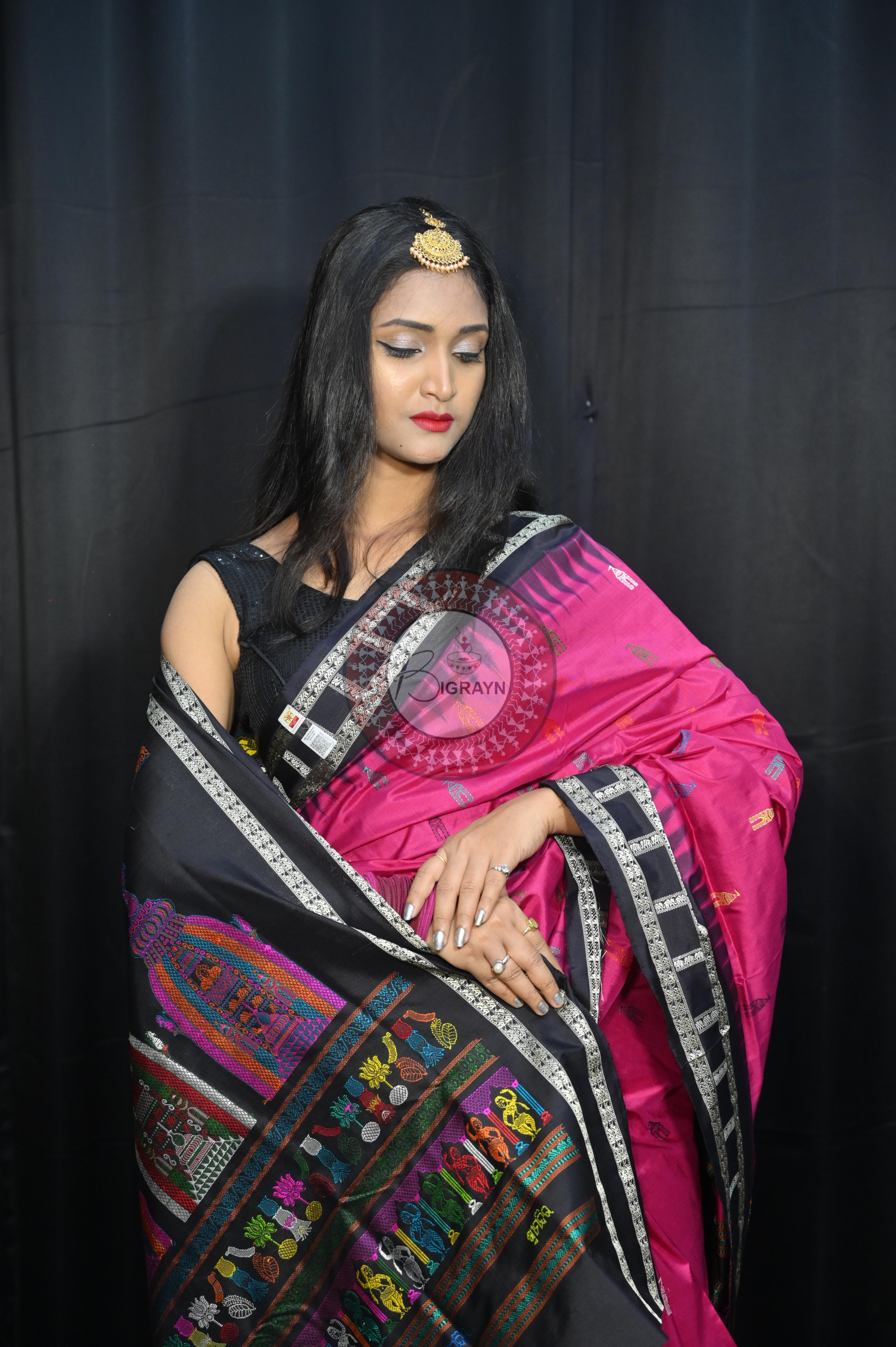 Magenta Black Sri Mandir Sambalpuri Silk Saree