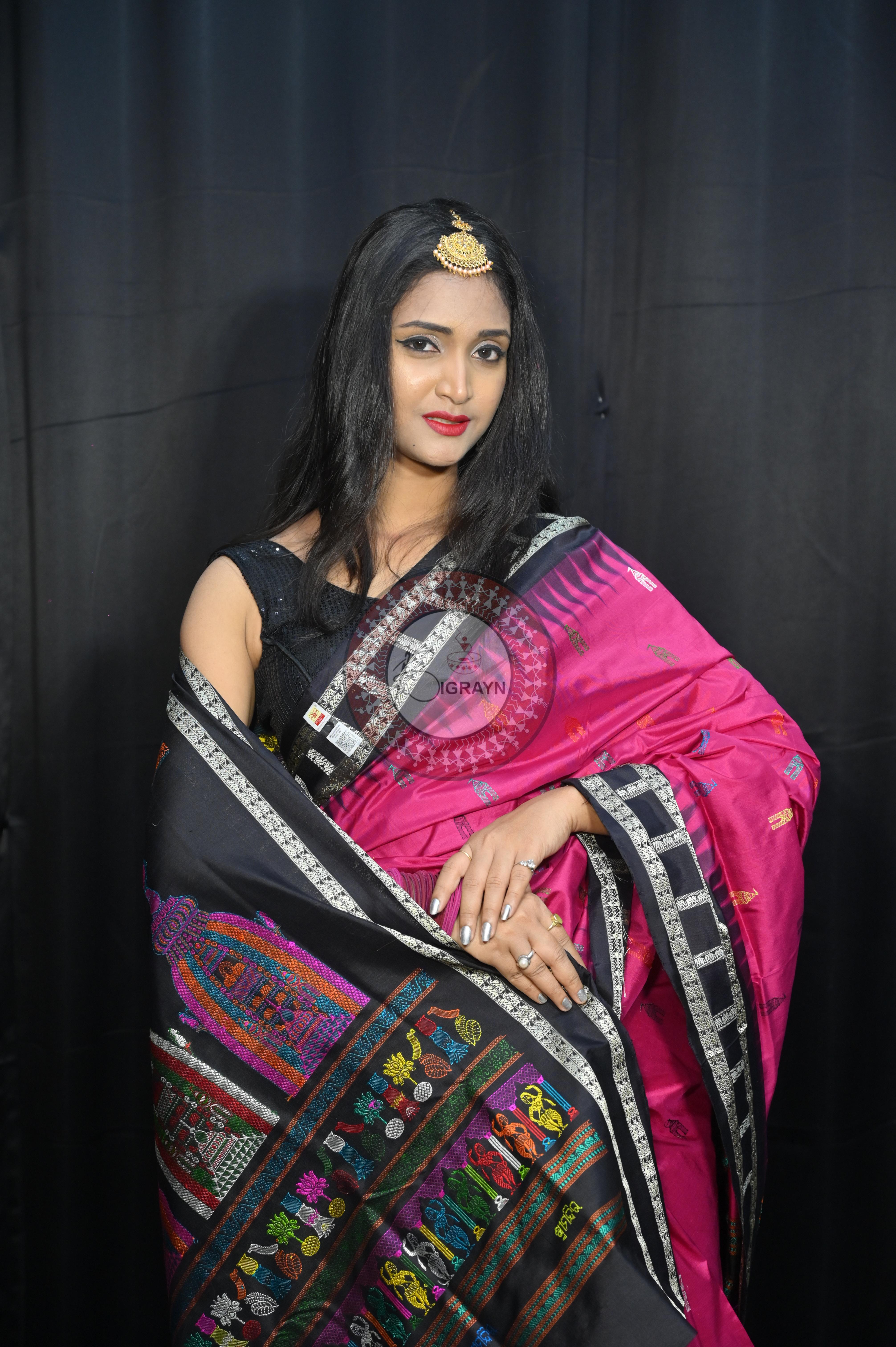 Magenta Black Sri Mandir Sambalpuri Silk Saree