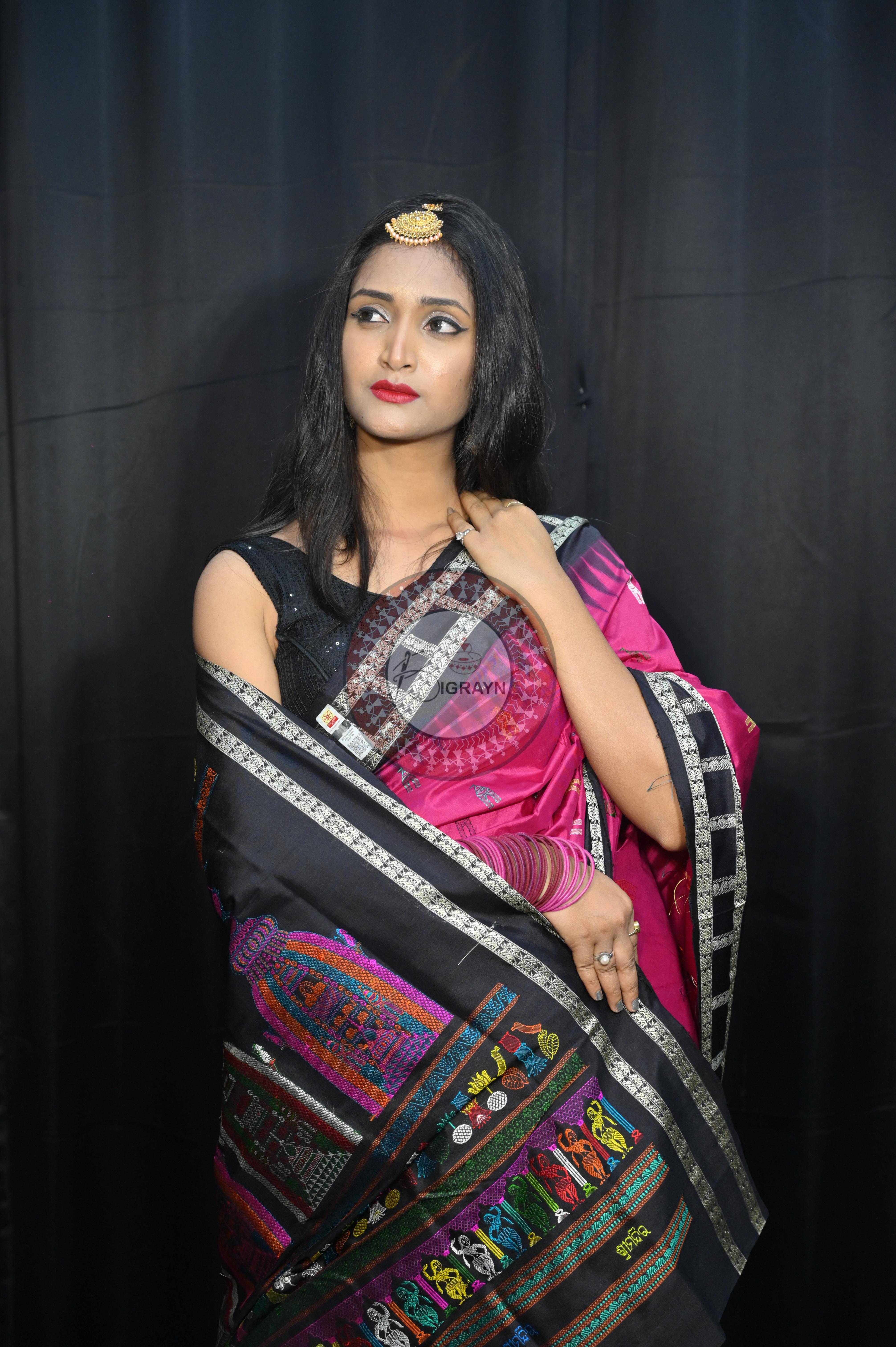Magenta Black Sri Mandir Sambalpuri Silk Saree